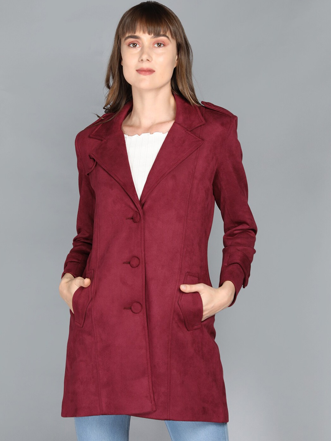 

LEBORK Women Maroon Solid Winter Over Coats