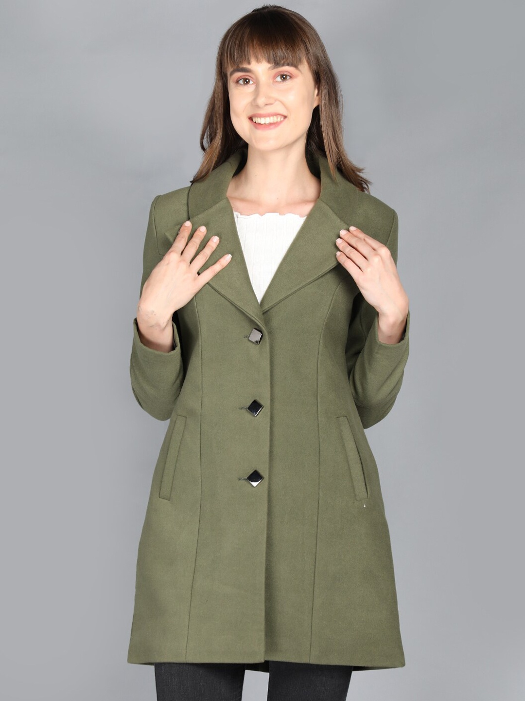 

LEBORK Women Olive Solid Front-Open Overcoat