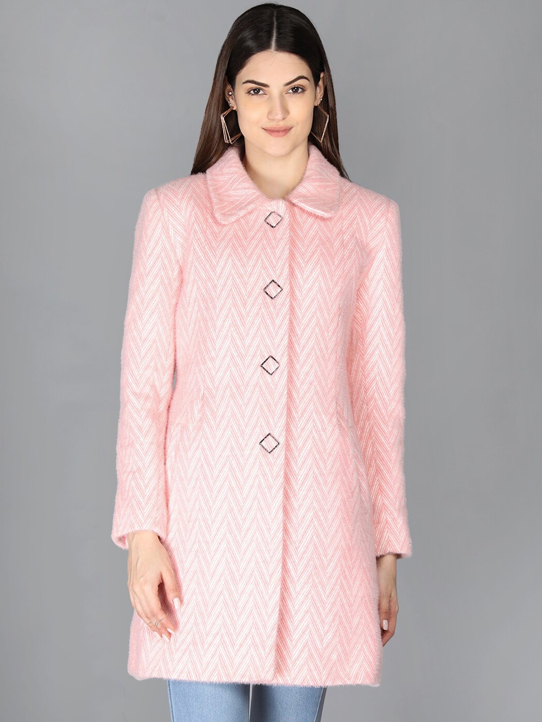 

LEBORK Women Pink Self Design Winter Over Coat