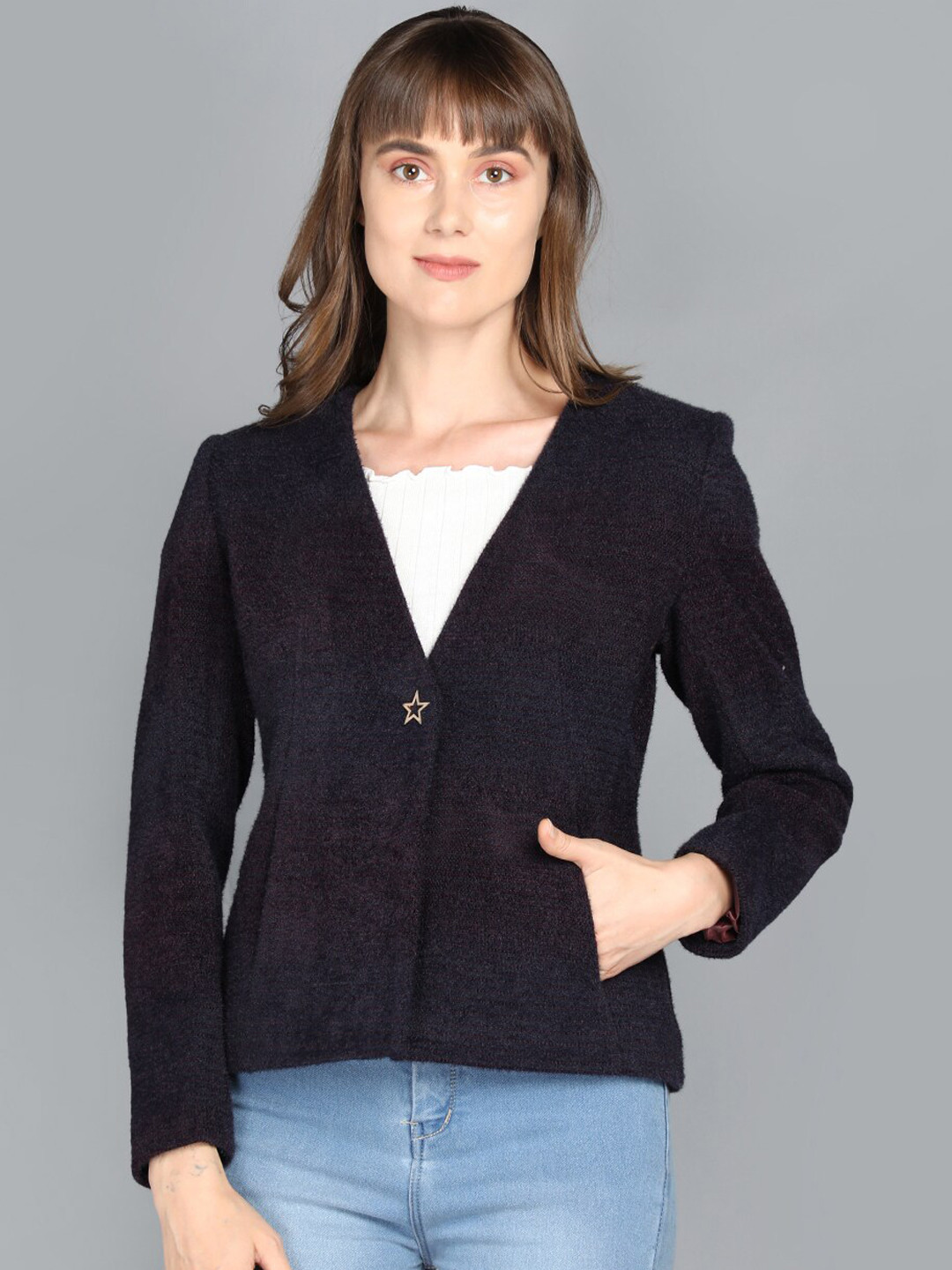 

LEBORK Women Purple Solid Front-Open Short Coats