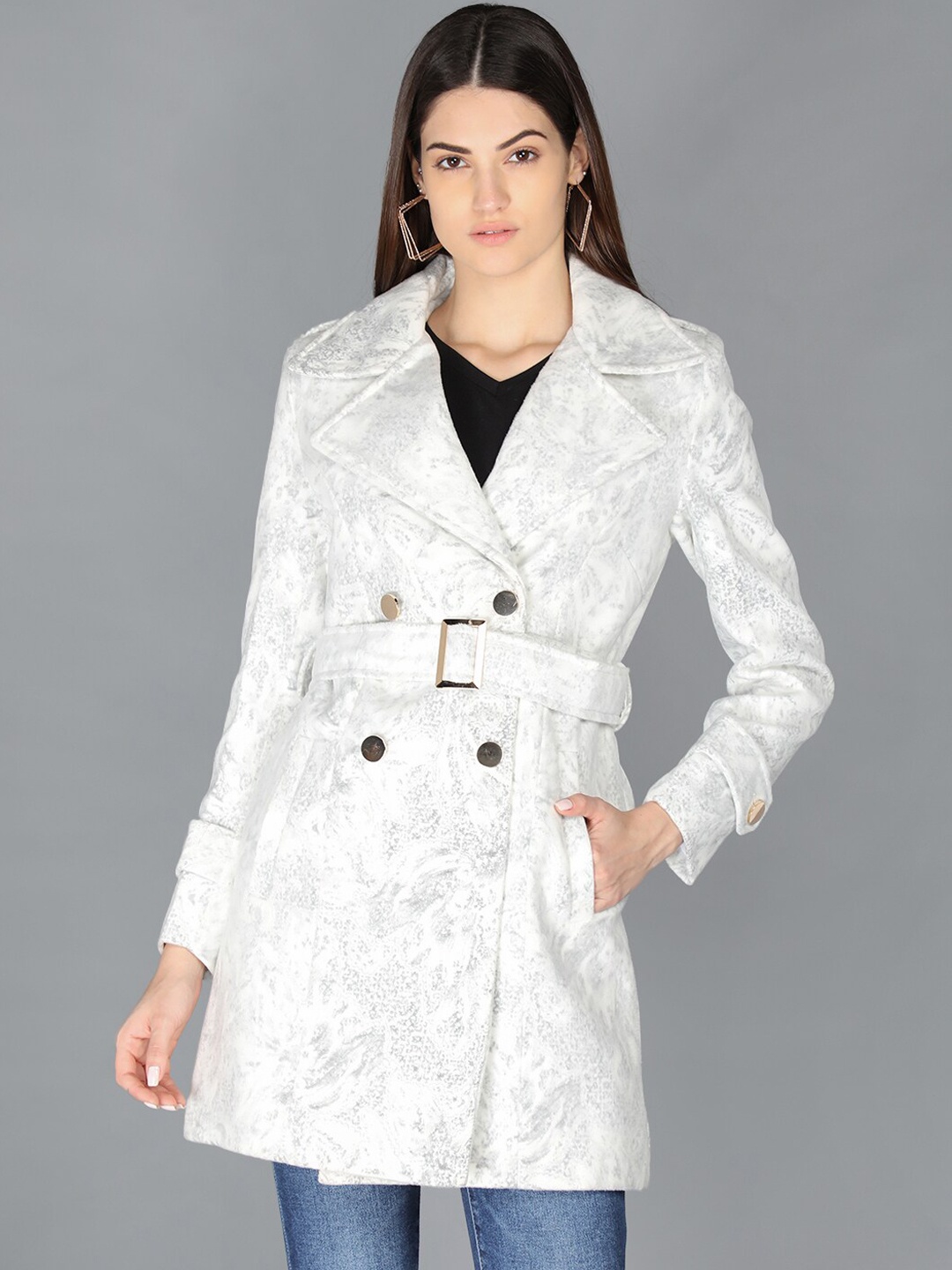 

LEBORK Women White Self Design Winter Over Coats