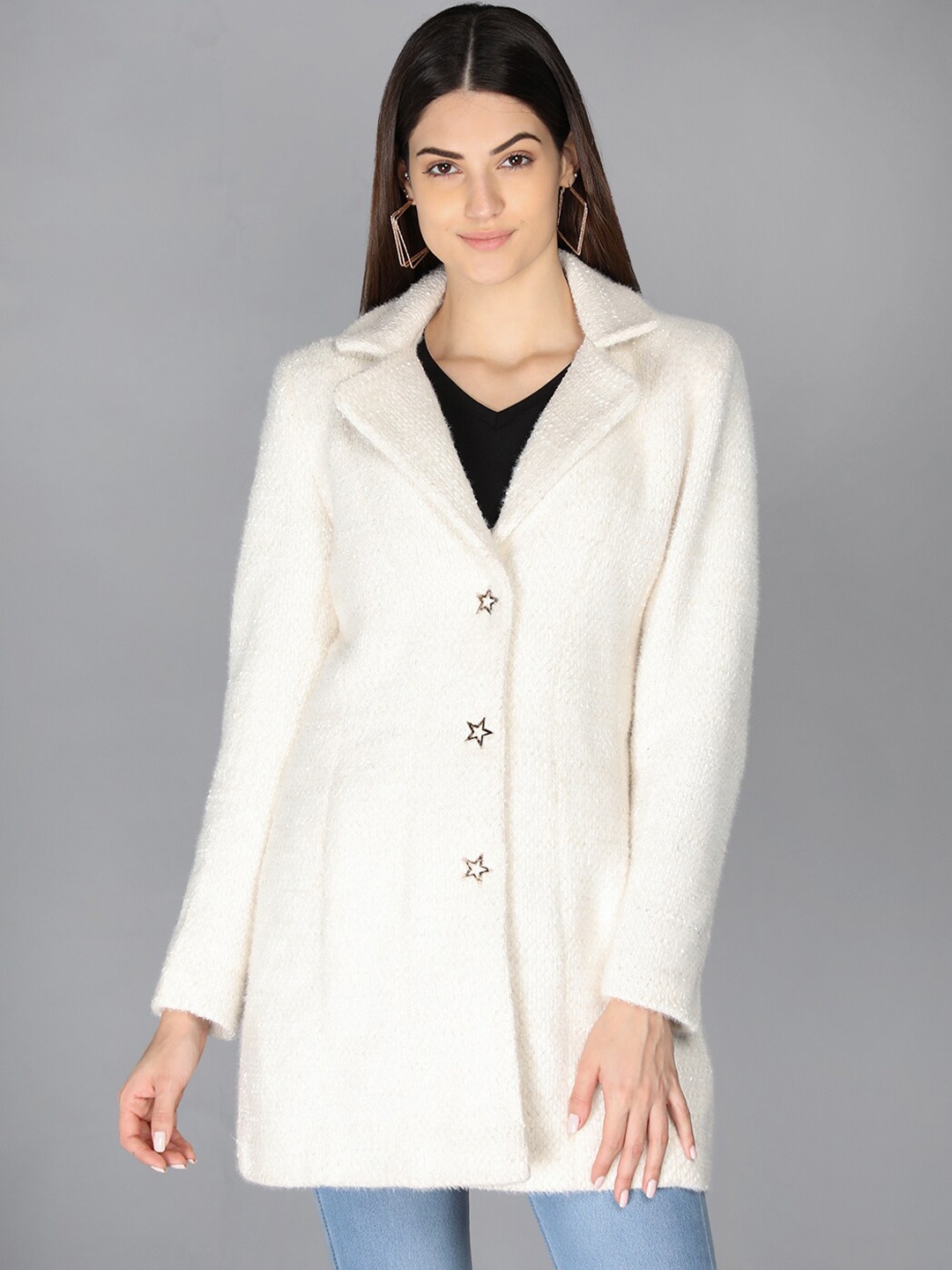 

LEBORK Women White Solid Winter Over Coats