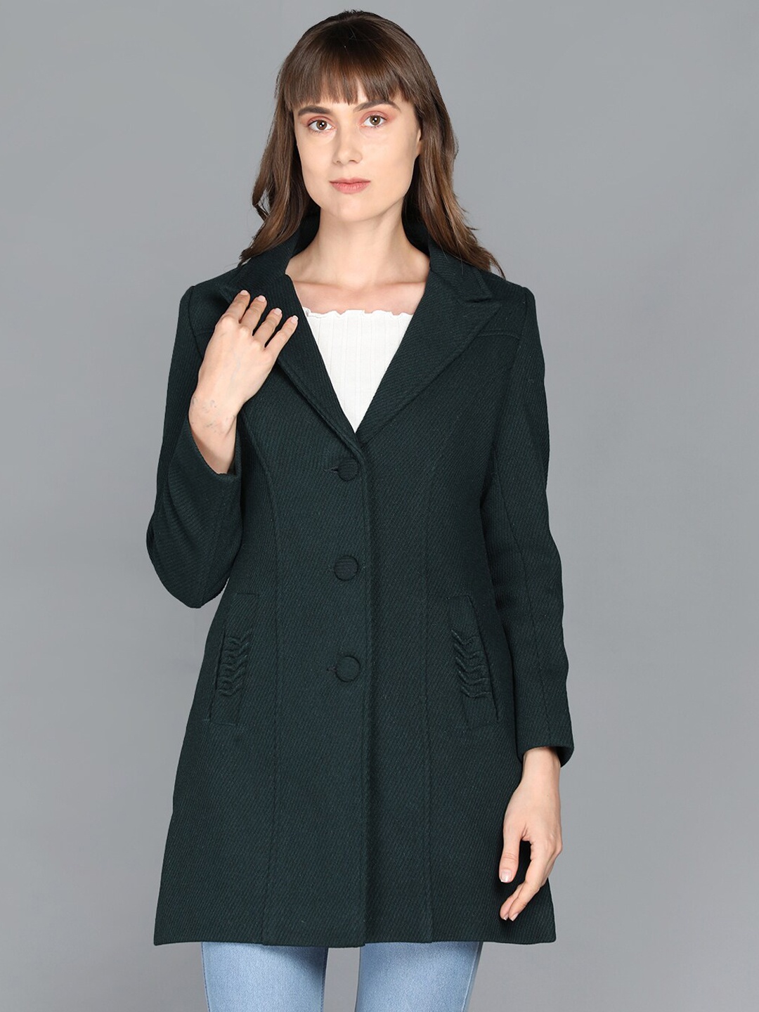 

LEBORK Women Green Solid Front-Open Spread Collar Overcoat