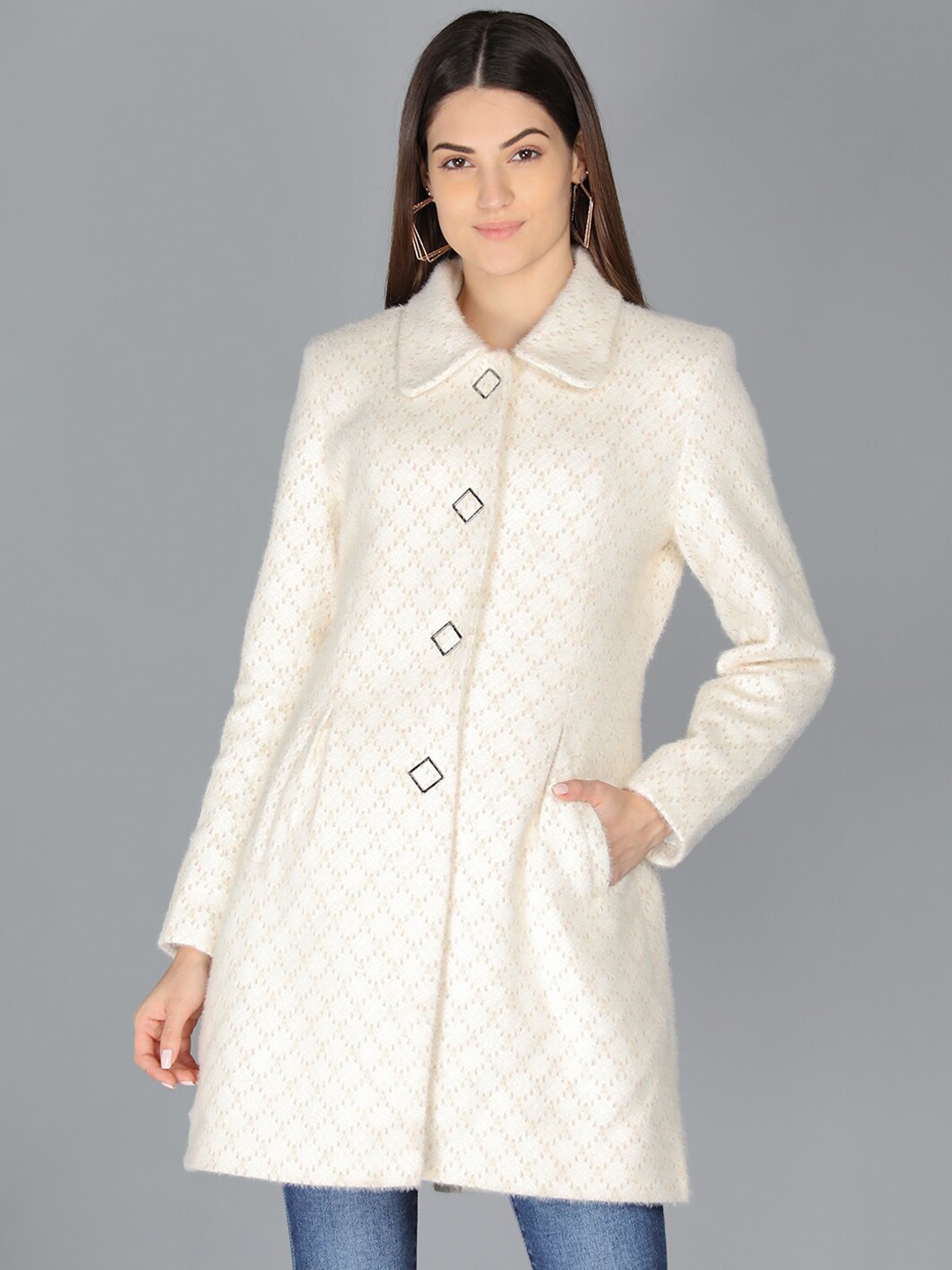 

LEBORK Women Off White Self Design Winter Over Coats