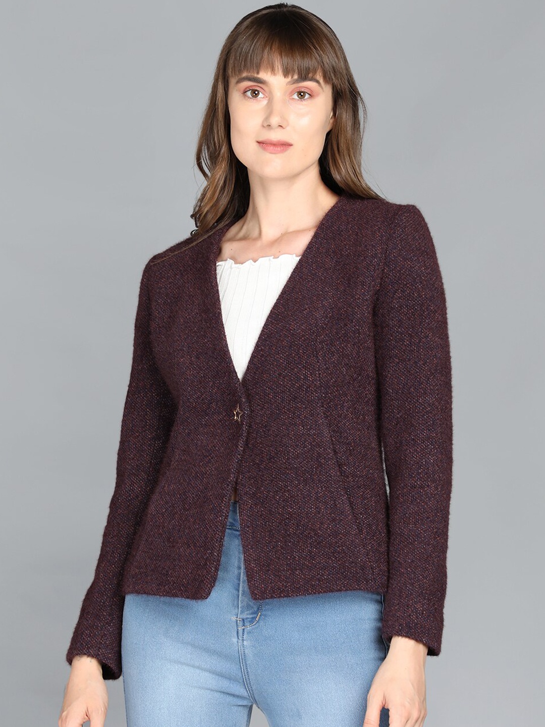 

LEBORK Women Maroon Solid Front-Open Coats