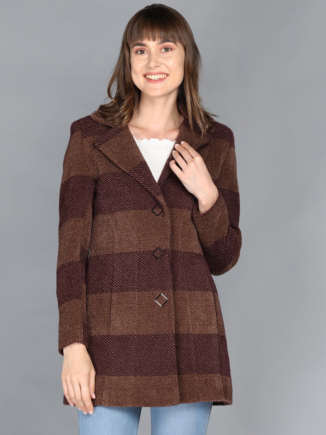 

LEBORK Women Maroon Striped Front-Open Overcoat