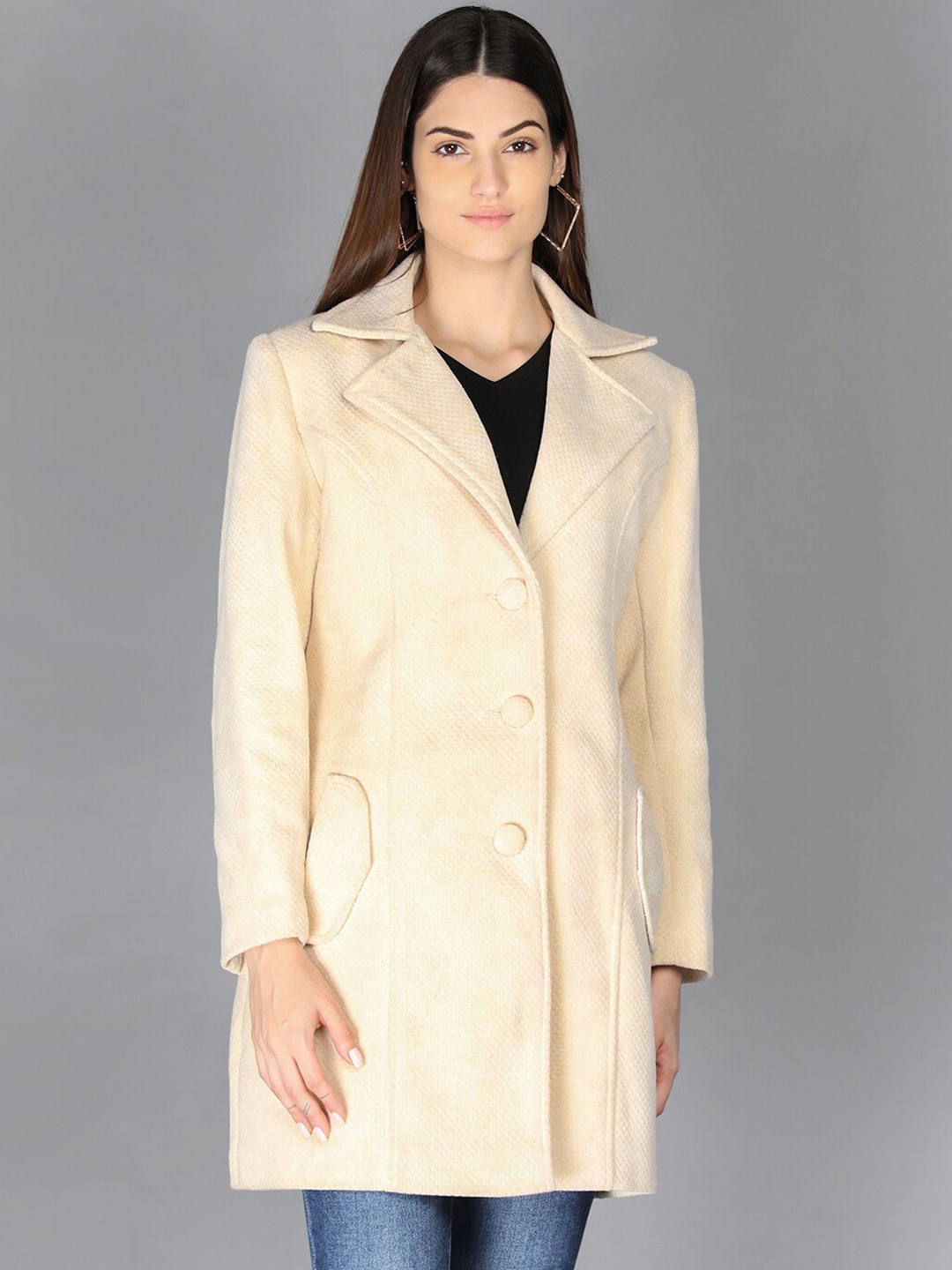 

LEBORK Women Cream Coloured Solid Winter Over Coats
