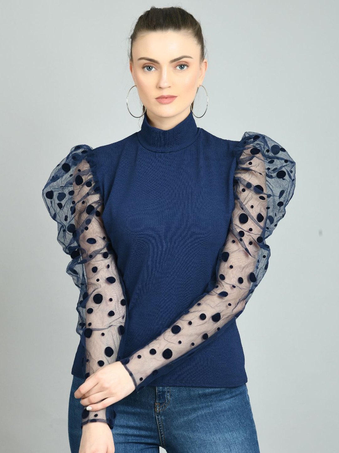 

IUGA Blue Solid Puff Sleeve Top