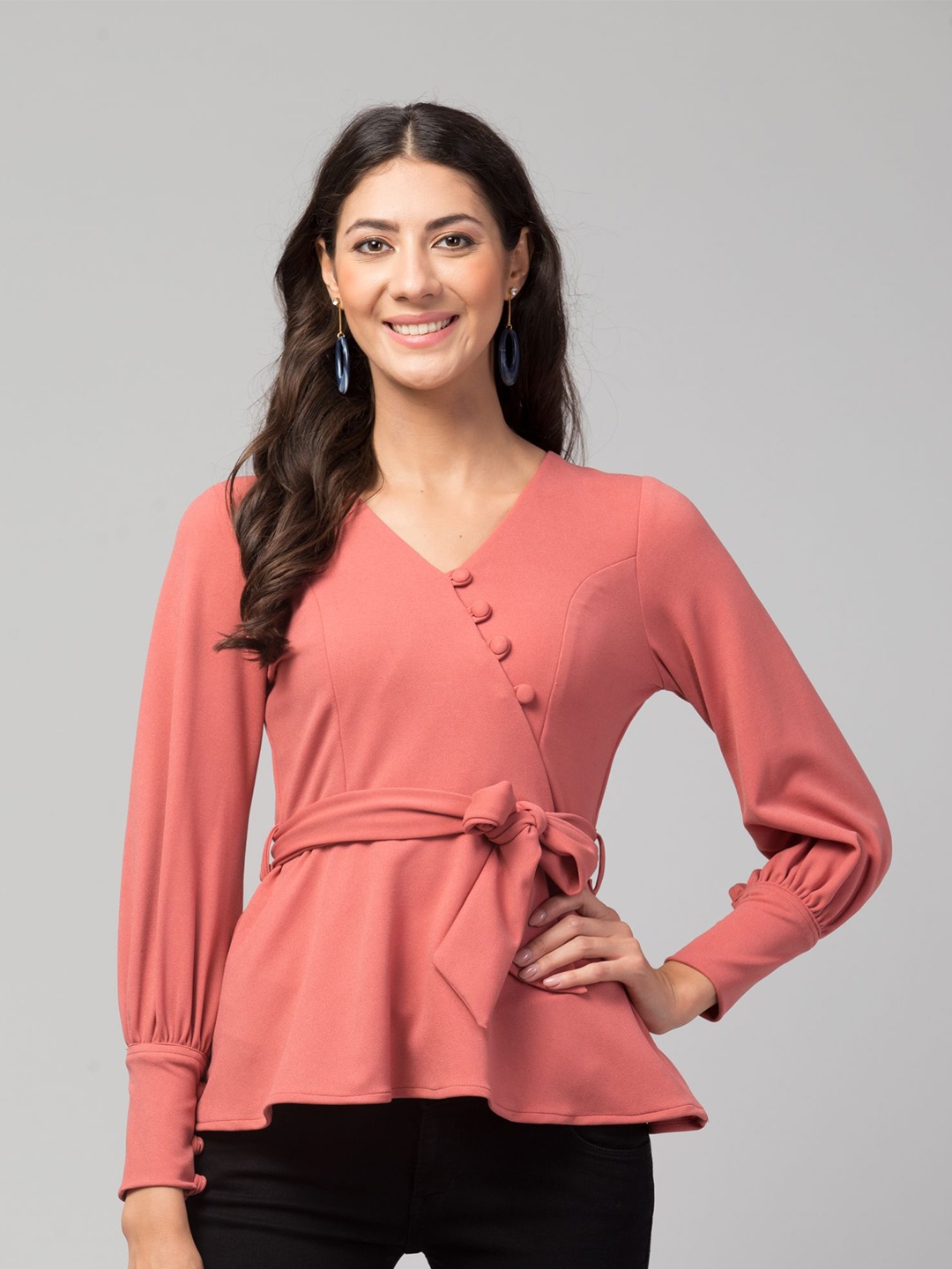 

IUGA Women Peach-Coloured Wrap Tie-Up Top