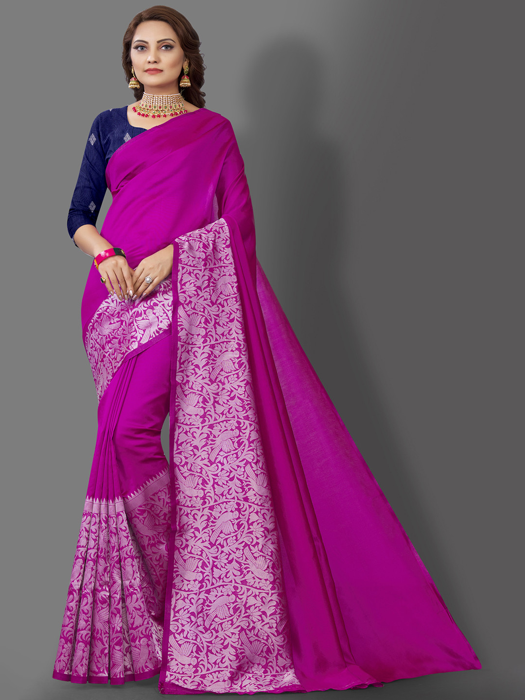 

Jinax Pink & Silver-Toned Woven Design Zari Pure Silk Banarasi Saree