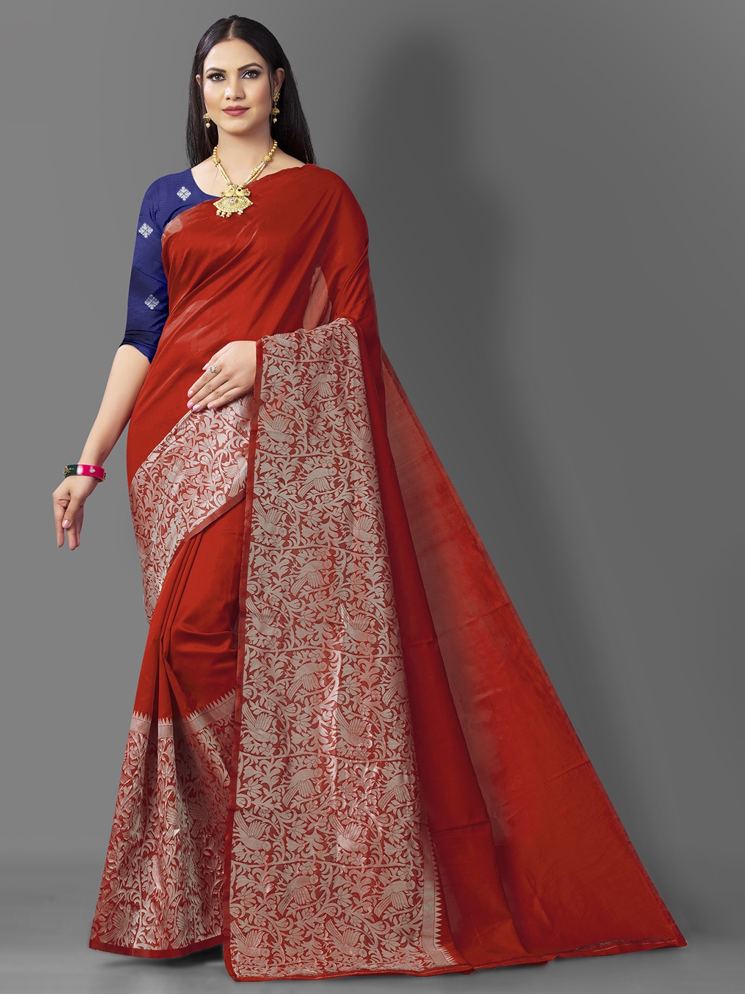 

Jinax Red & Silver-Toned Zari Pure Silk Banarasi Saree