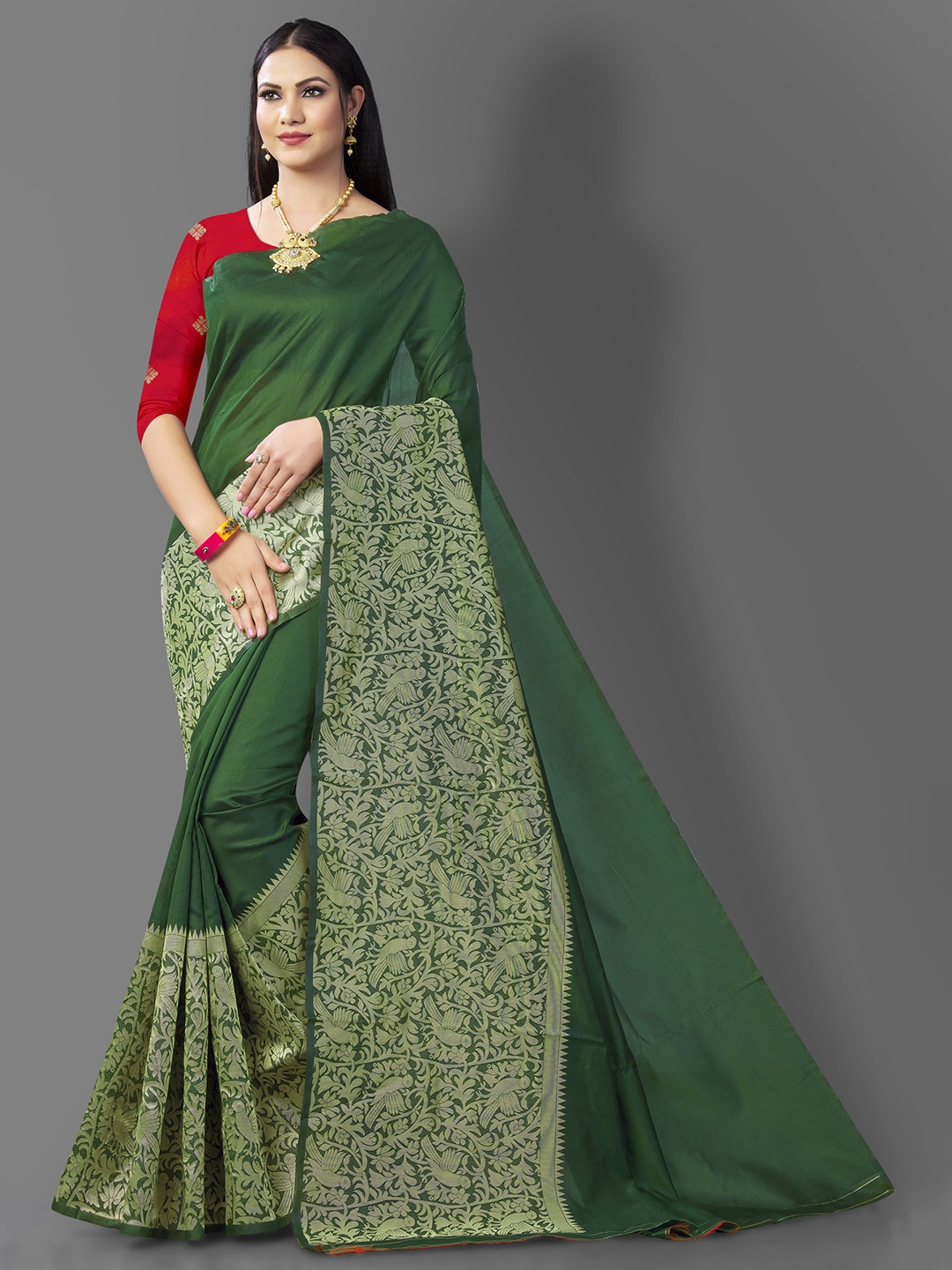 

Jinax Green Woven Design Zari Pure Silk Banarasi Saree