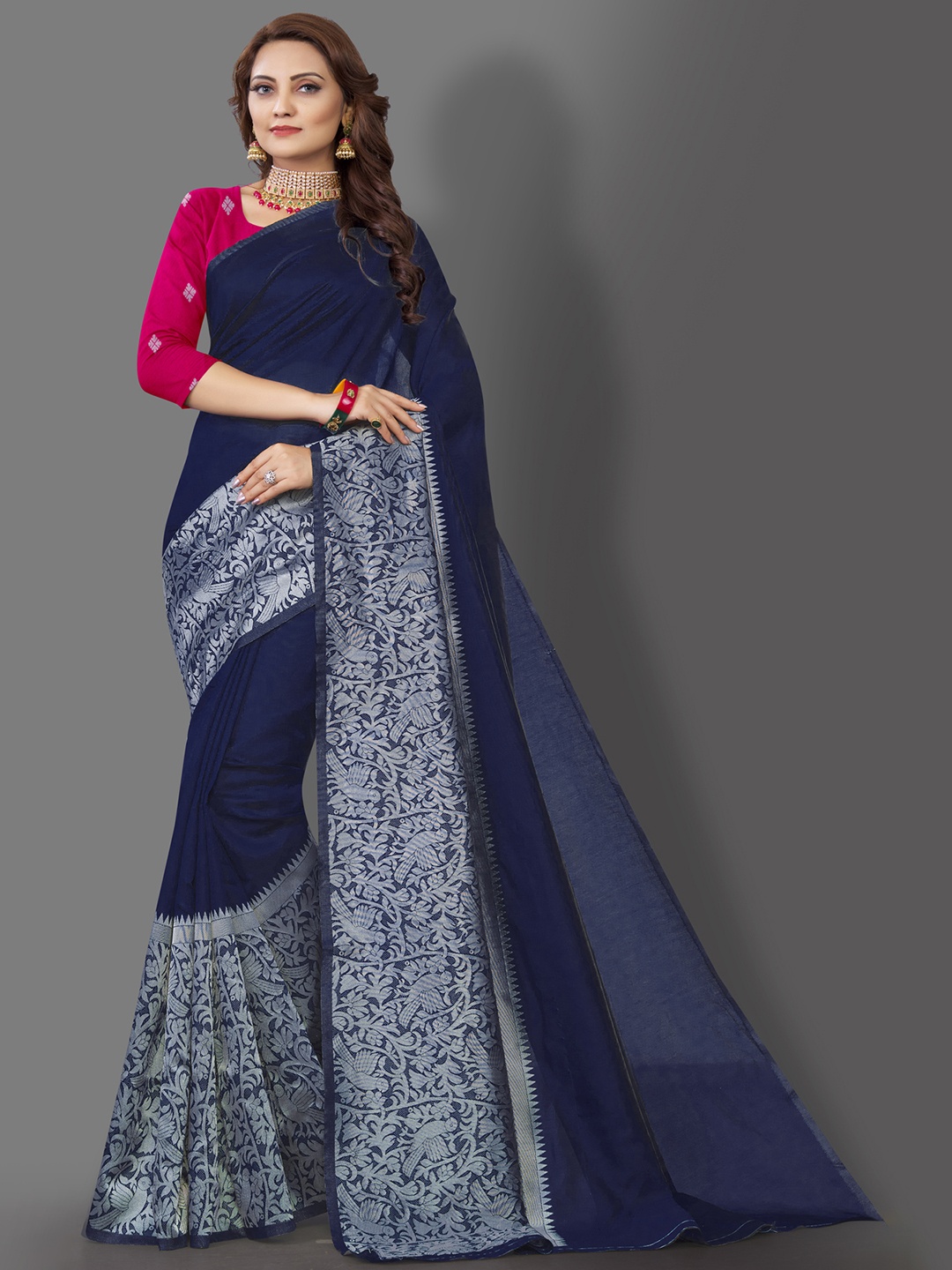 

Jinax Navy Blue & Silver-Toned Woven Design Zari Pure Silk Banarasi Saree