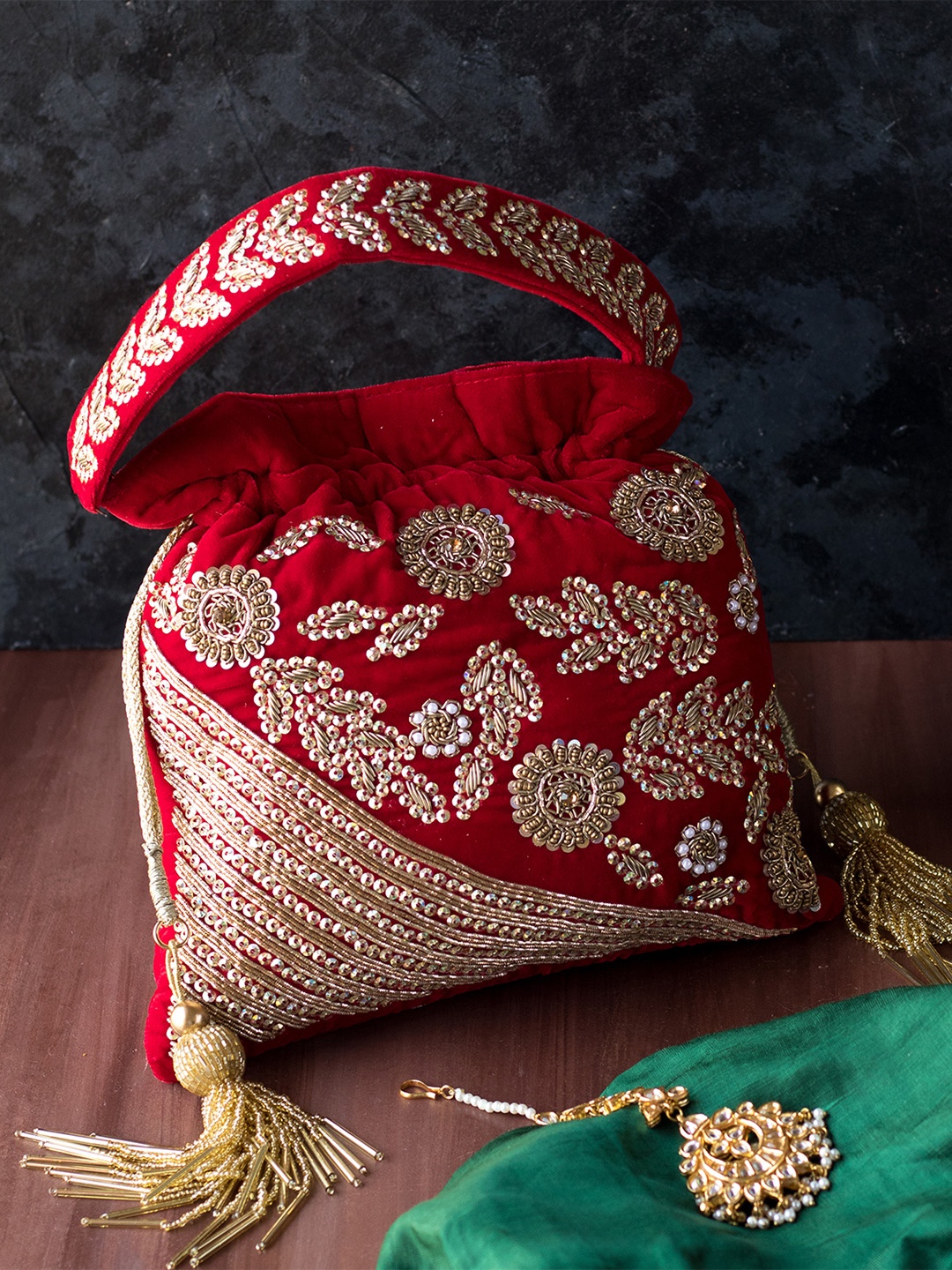 

Angeline Red & Gold-Toned Embellished Potli Clutch