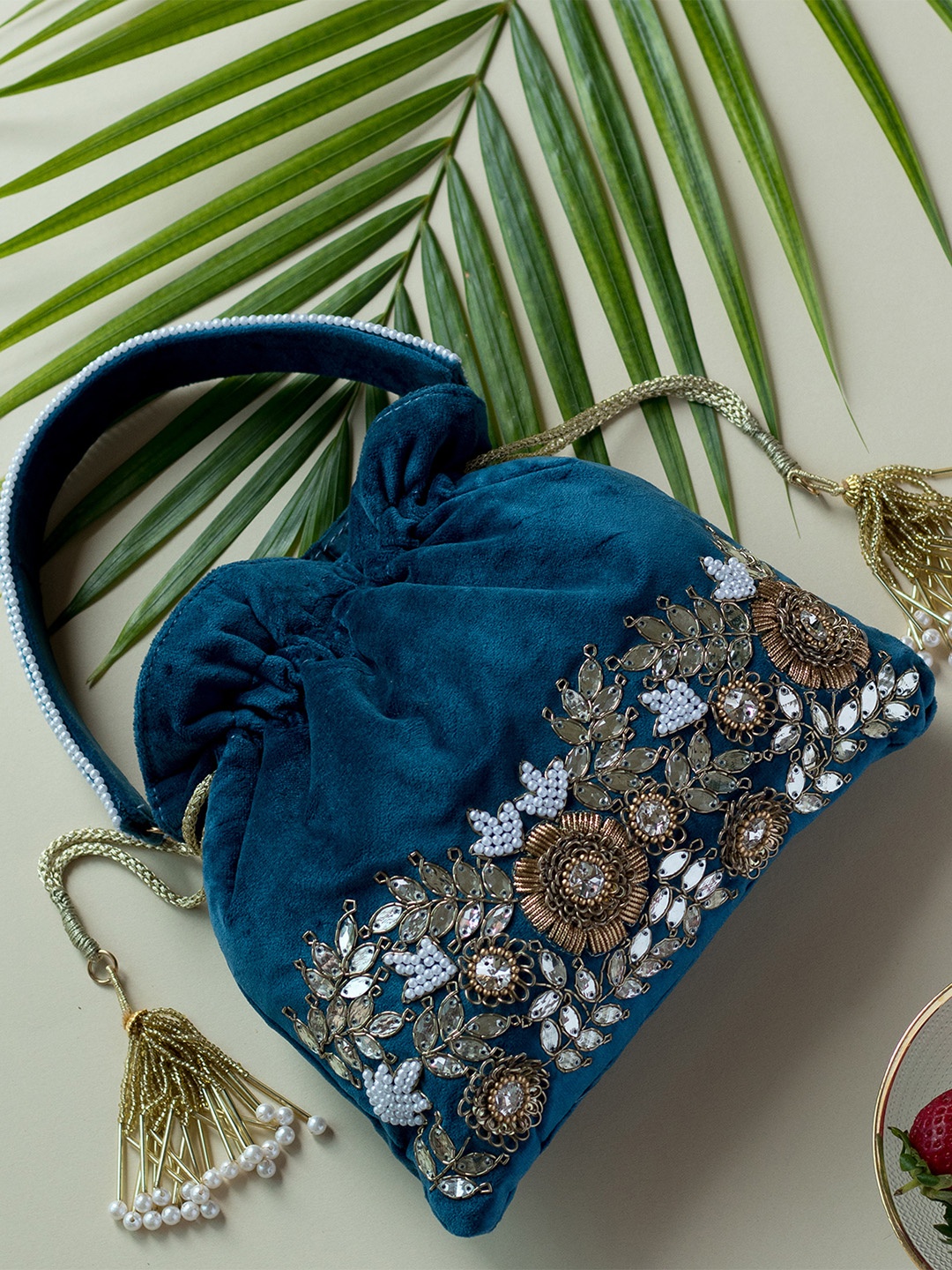 

Angeline Blue & Gold-Toned Embellished Potli Clutch