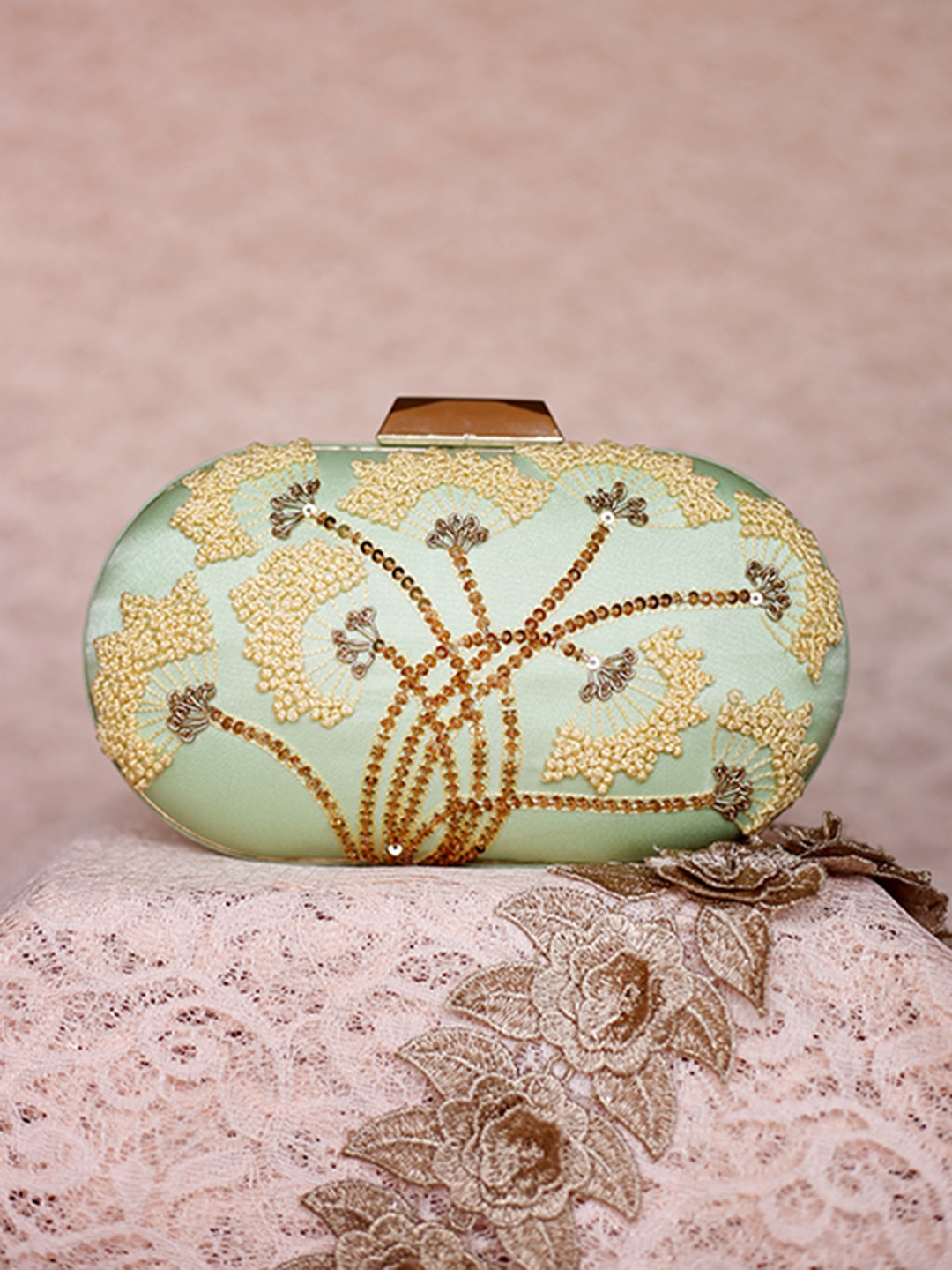 

Angeline Green & Mustard Embellished Box Clutch