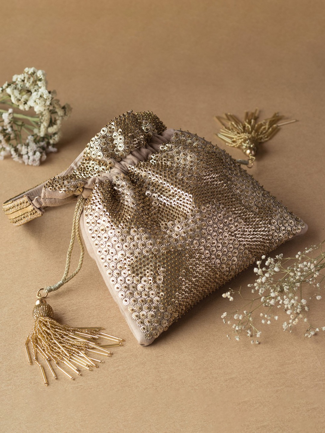 

Angeline Beige Embellished Potli Clutch
