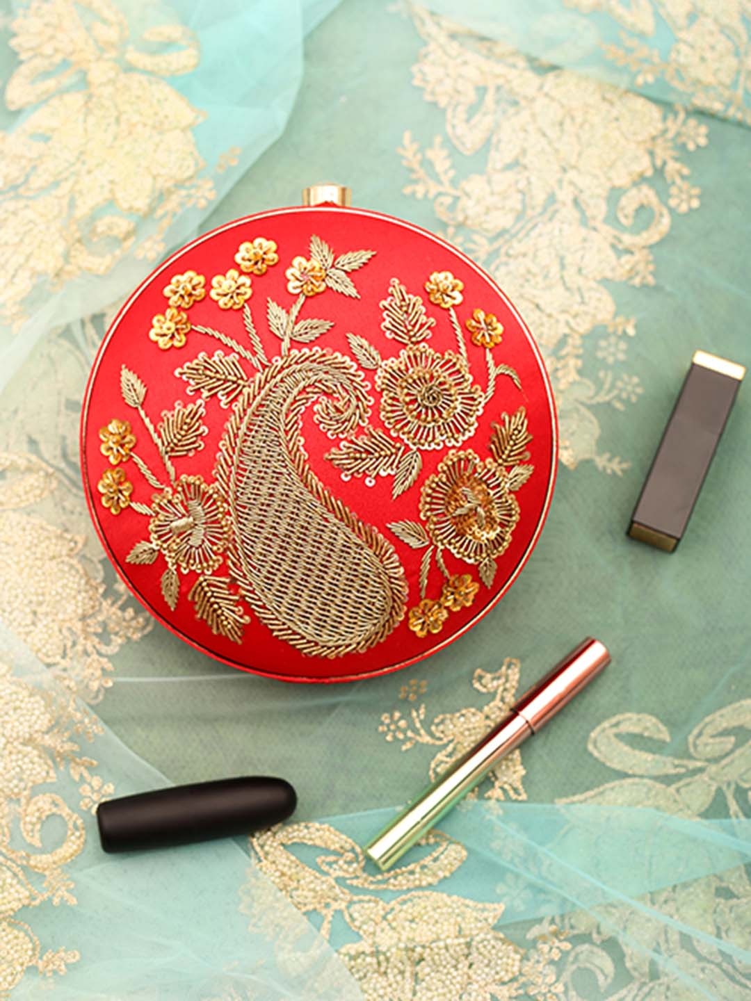 

Angeline Red & Gold-Toned Embroidery Embellished Clutch