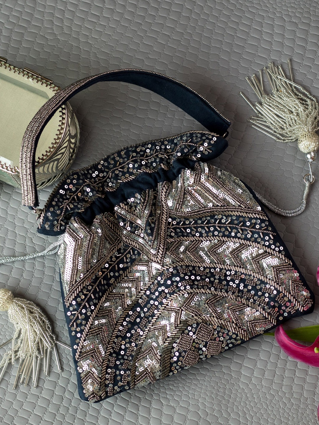 

Angeline Blue & Silver-Toned Embroidery Embellished Potli Clutch