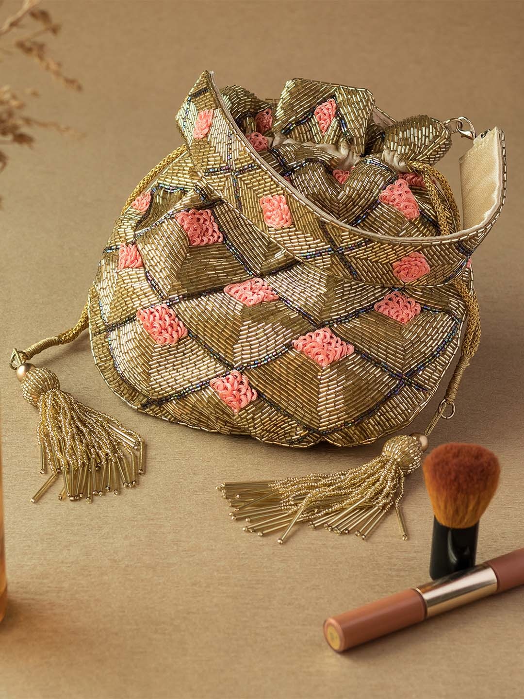 

Angeline Gold-Toned & Pink Embellished Embroidered Potli Clutch