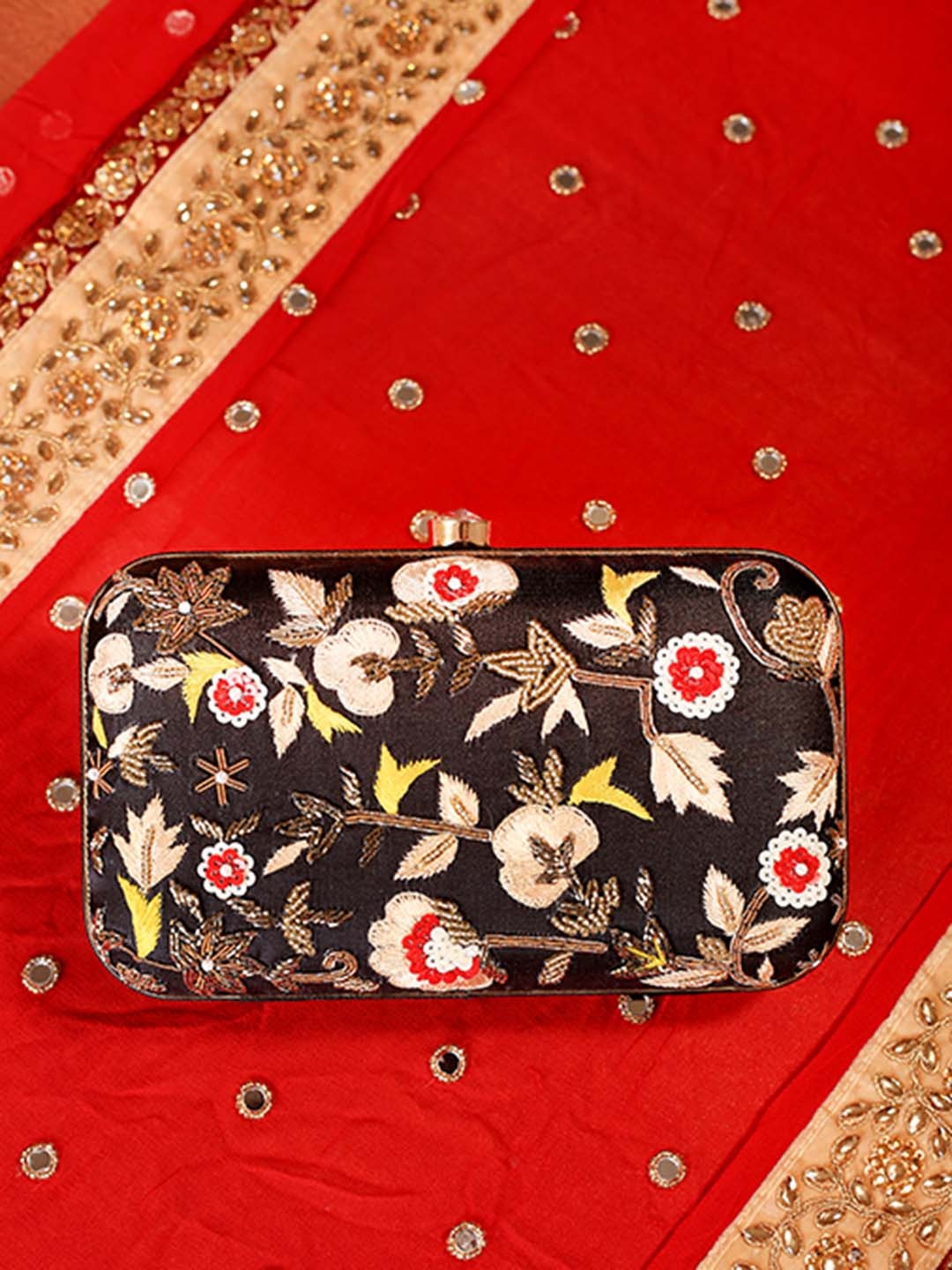 

Angeline Black & Pink Embellished Embroidered Box Clutch