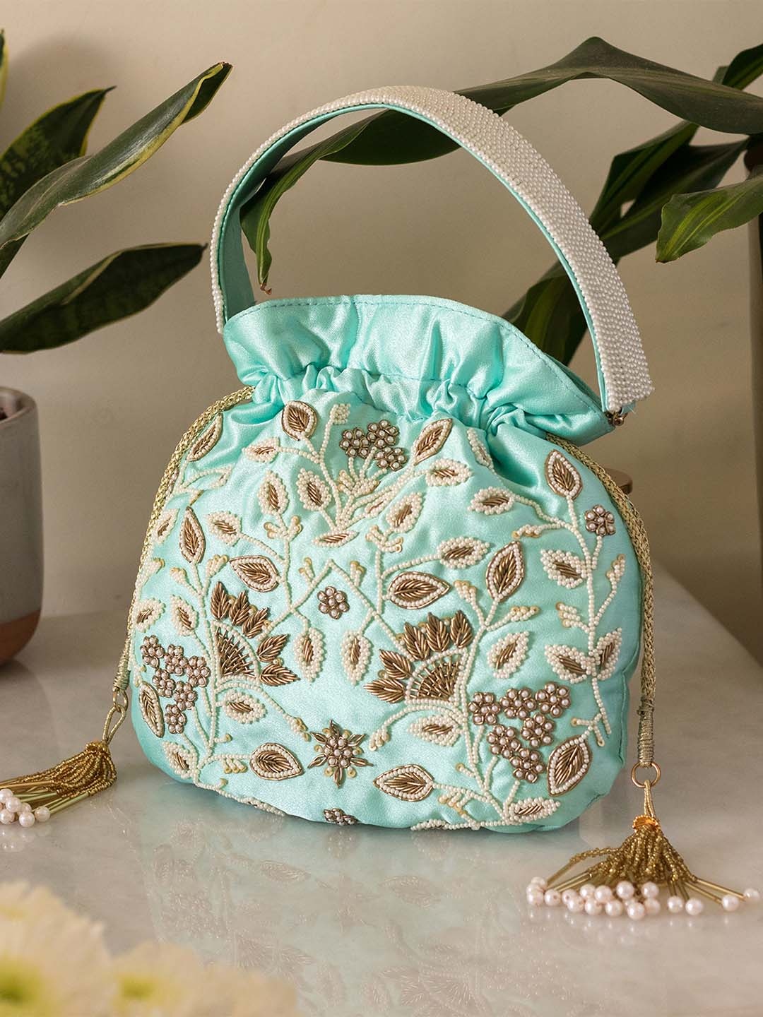 

Angeline Blue & Gold-Toned Embellished Pearl & Zardozi Work Potli Bag