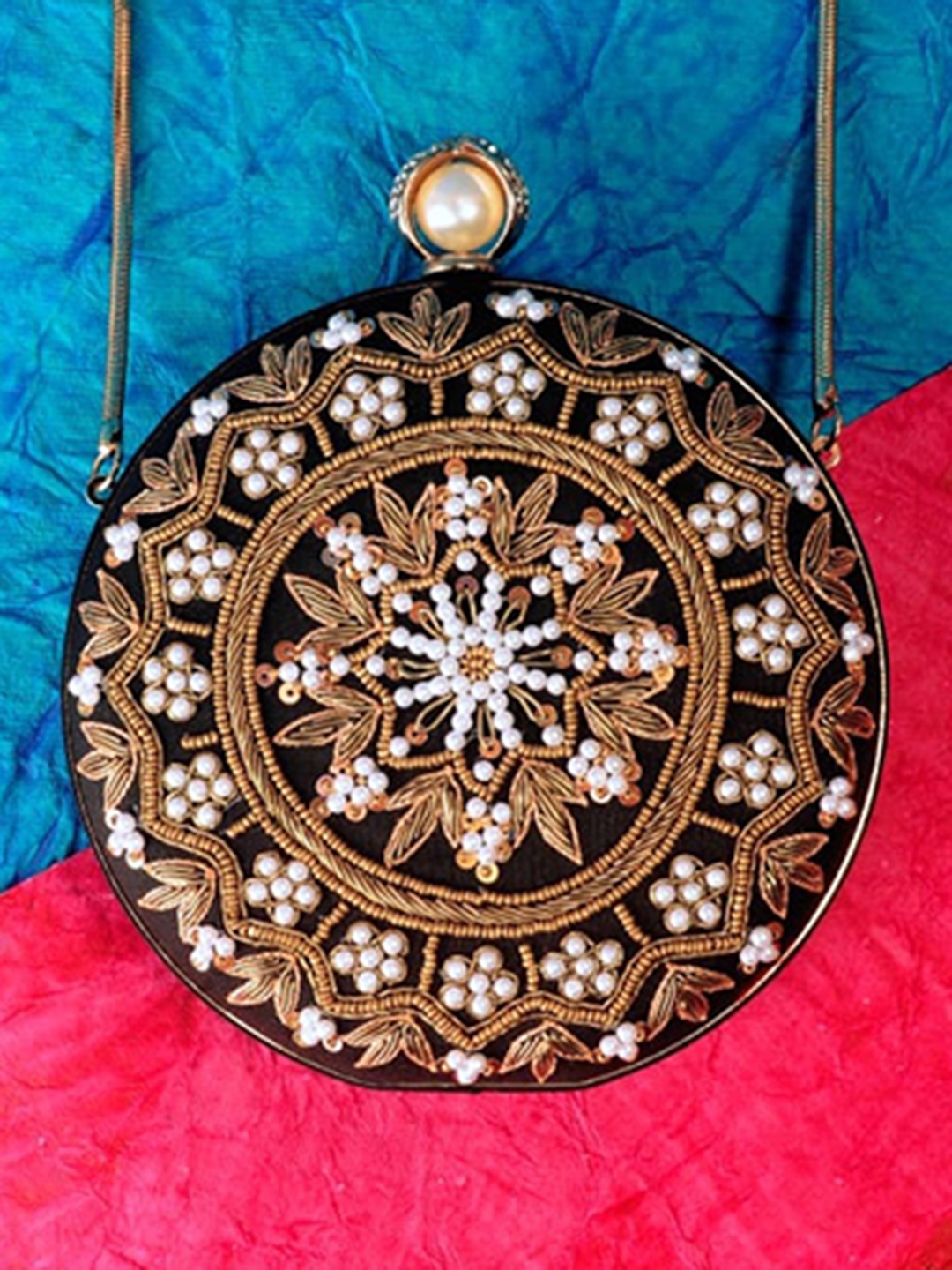 

Angeline Black & Copper-Toned Pearl Embellished Box Clutch