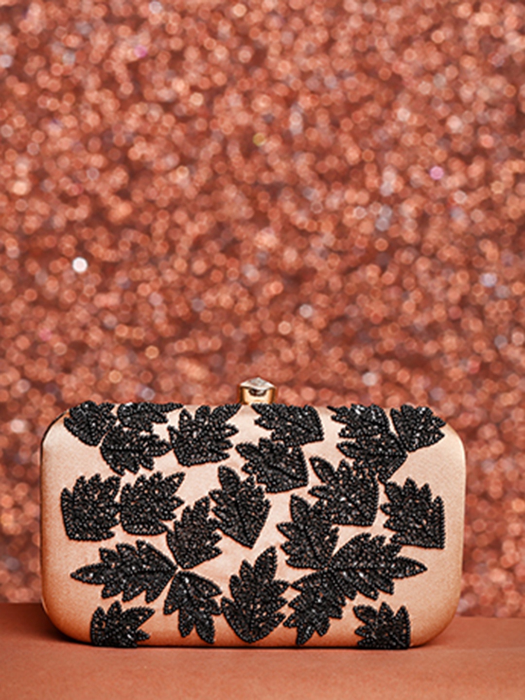 

Angeline Brown & Black Leaf Embroidery Embellished Box Clutch