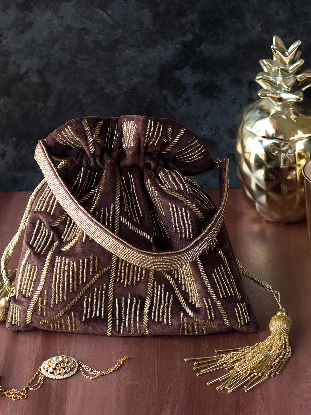 

Angeline Brown & Gold-Toned Embroidered Embellished Potli Clutch