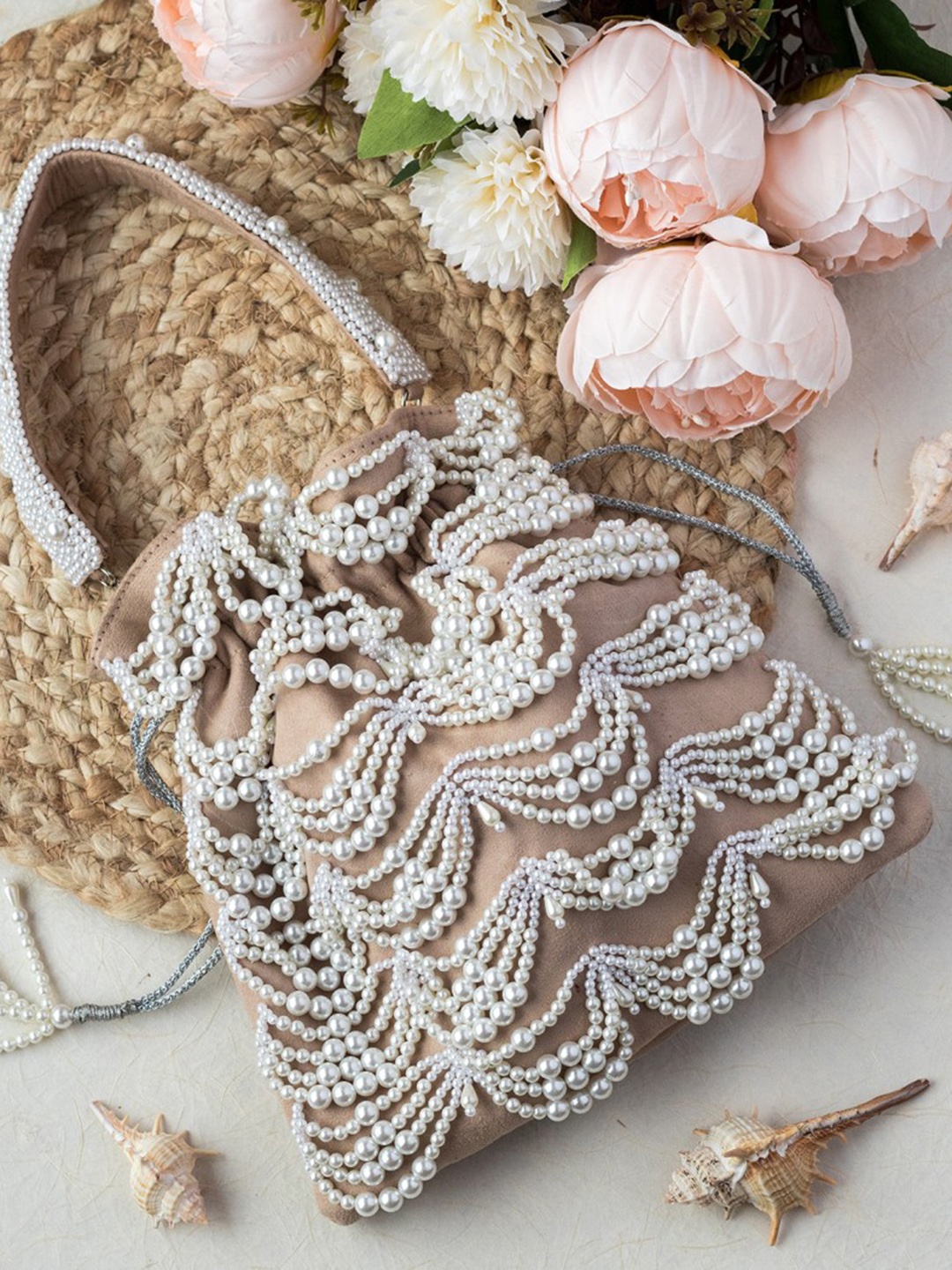 

Angeline Beige & White Pearl Embellished Potli Clutch