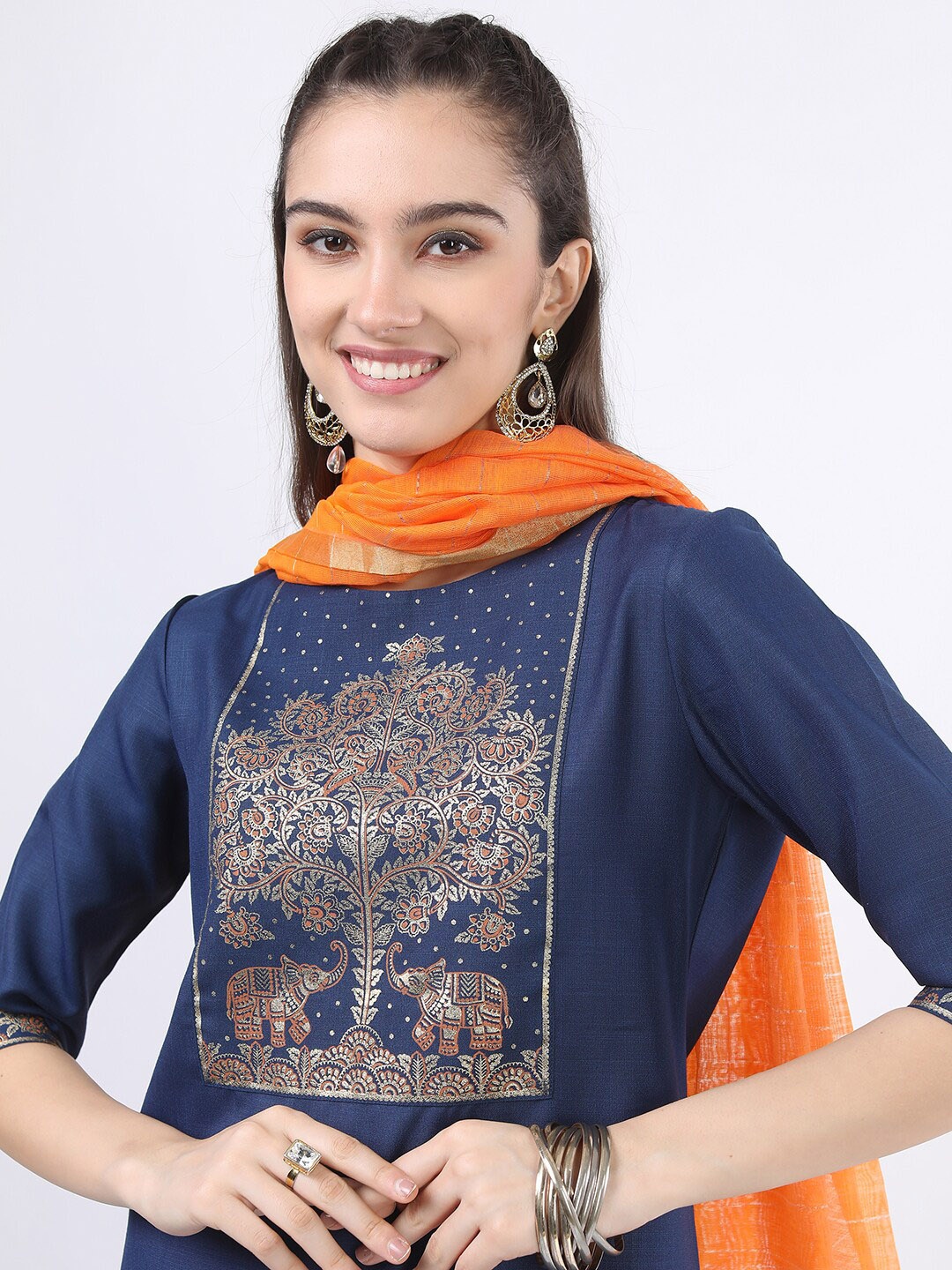 

KETCH Women Navy Blue Ethnic Motifs Yoke Design Kurta with Palazzos & With Dupatta