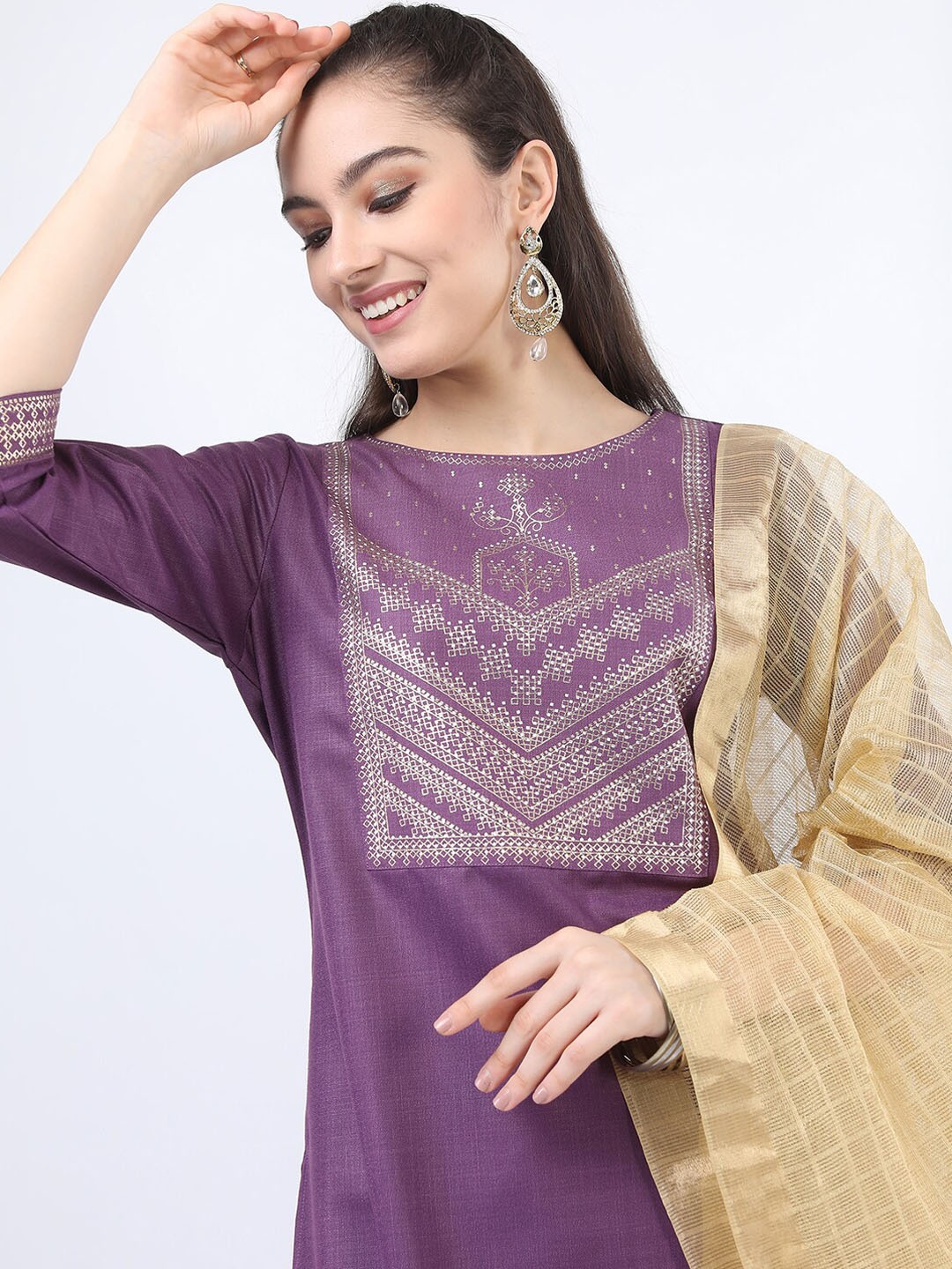 

KETCH Women Purple Ethnic Motifs Yoke Design Kurti with Palazzos & With Dupatta