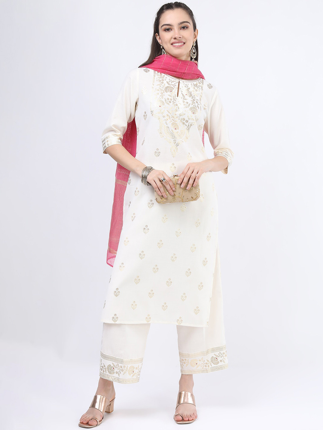 

KETCH Women Cream-Coloured Printed Kurti with Palazzos & With Dupatta