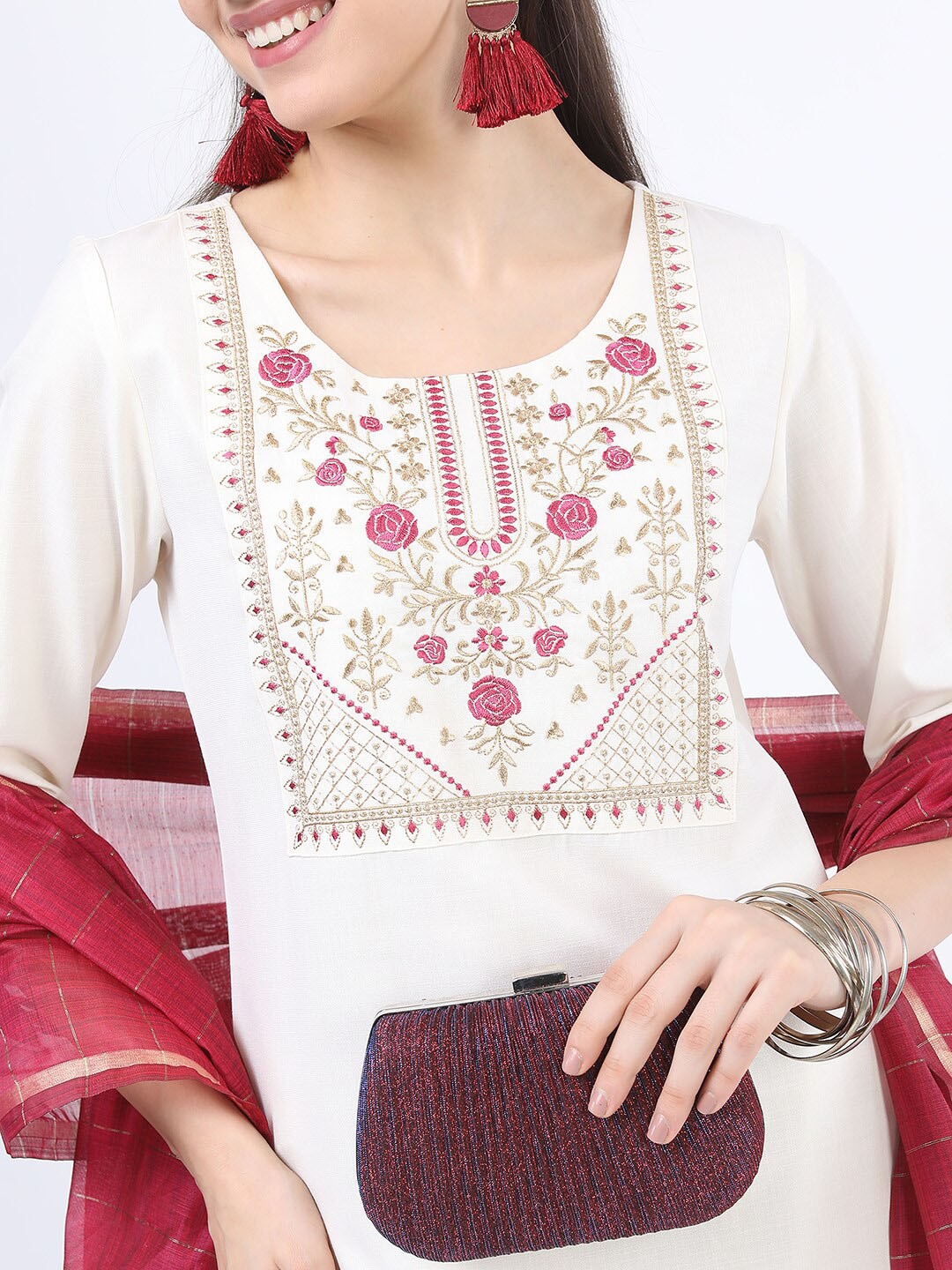 

KETCH Women Cream-Coloured Embroidered Empire Kurta with Trousers & With Dupatta