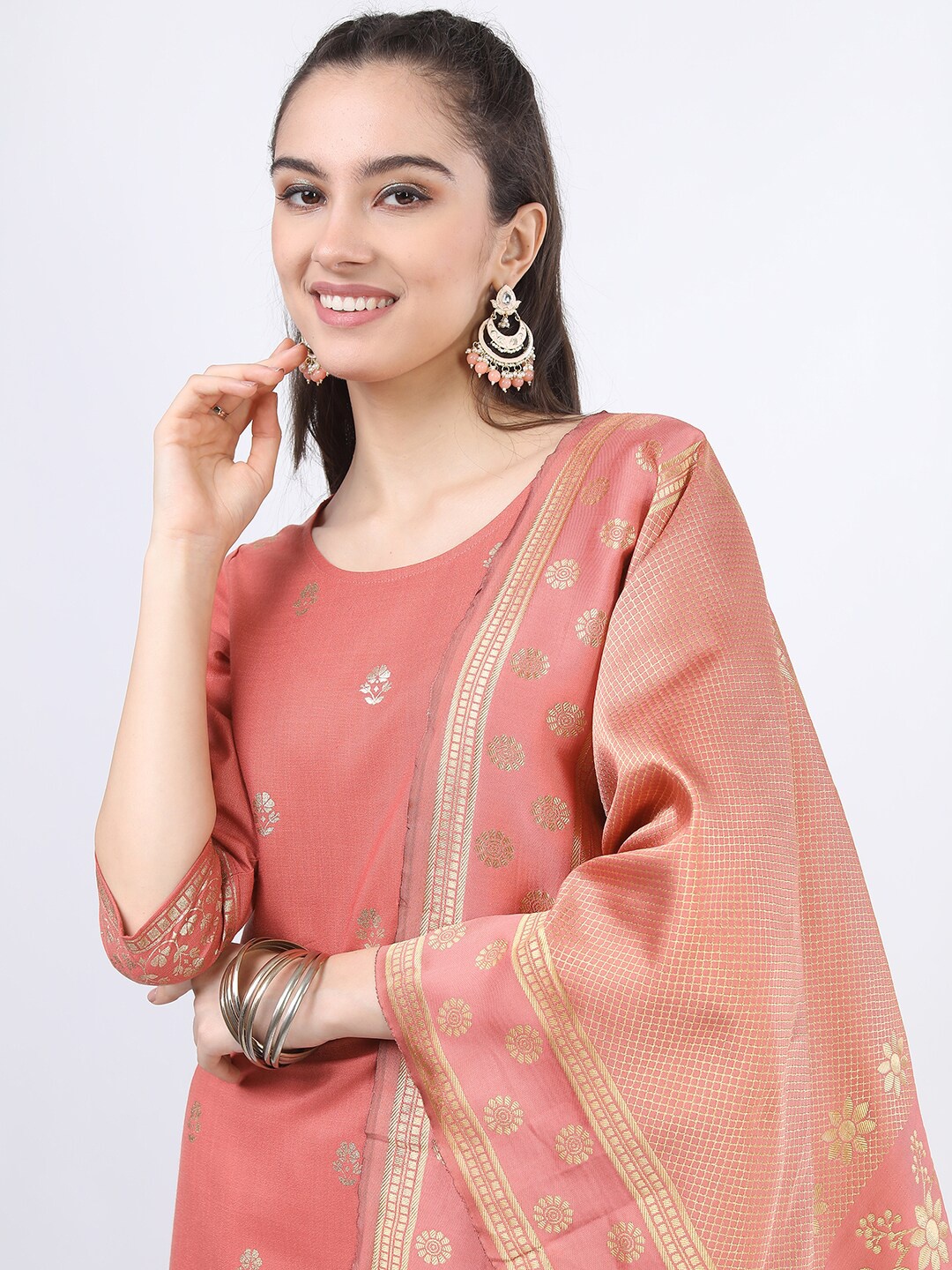 

KETCH Women Coral Embroidered Layered Kurti with Palazzos & With Dupatta