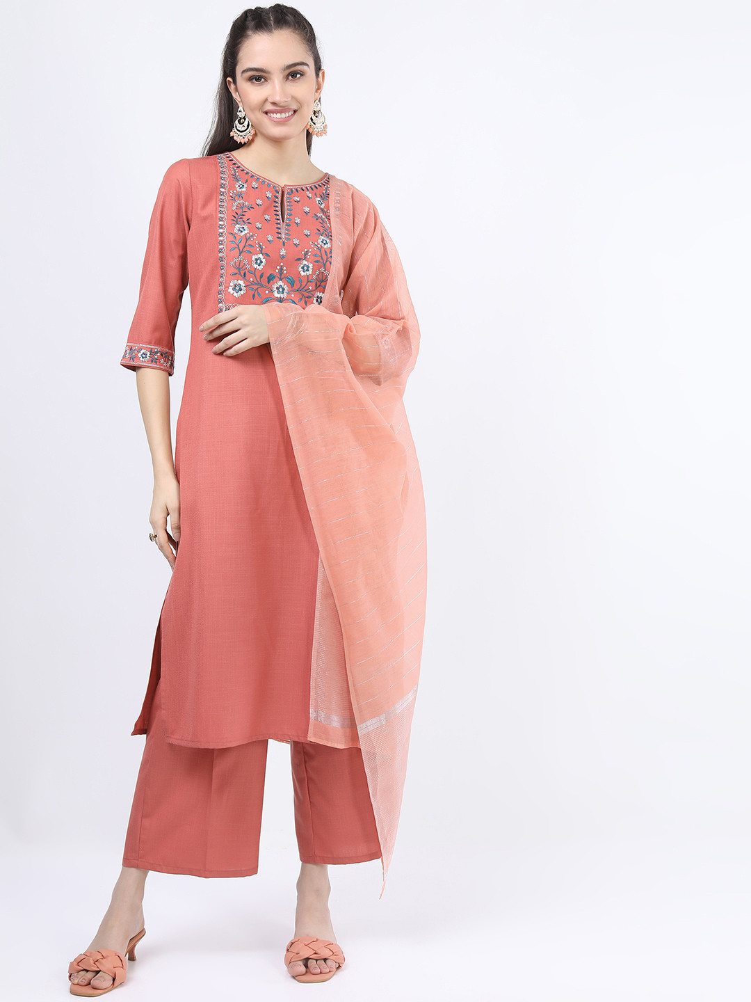 

KETCH Women Coral Ethnic Motifs Yoke Design Kurti with Palazzos & With Dupatta