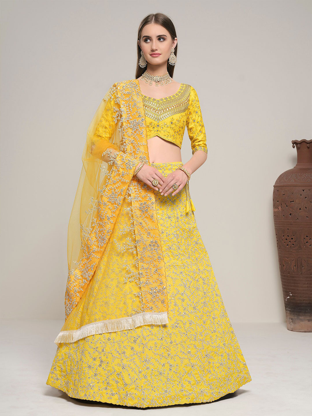 

DRESSTIVE Yellow & Gold-Toned Embroidered Thread Work Semi-Stitched Lehenga & Unstitched Blouse With Dupatta