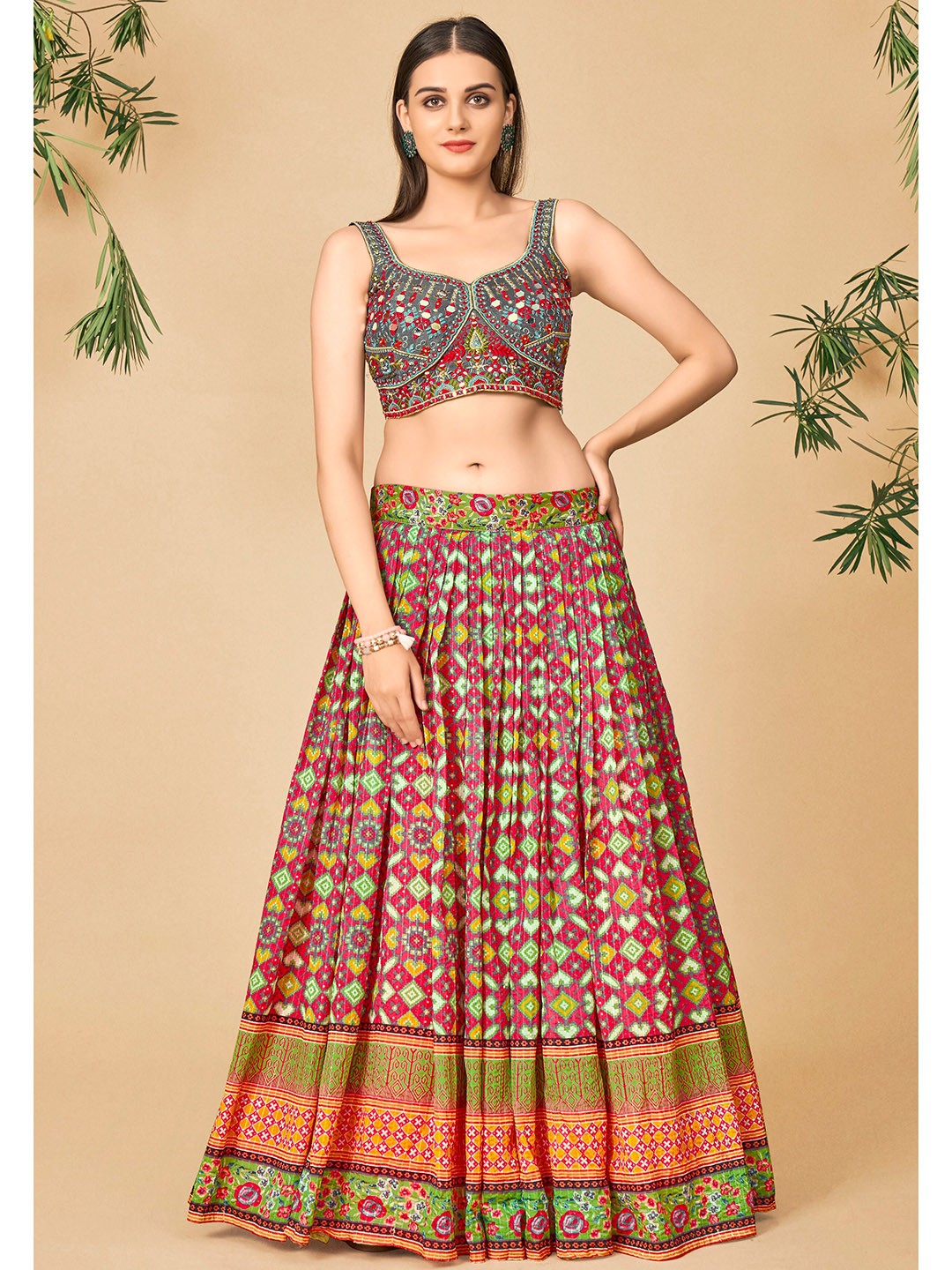 

DRESSTIVE Red & Green Embroidered Mirror Work Ready to Wear Lehenga & Blouse With Dupatta