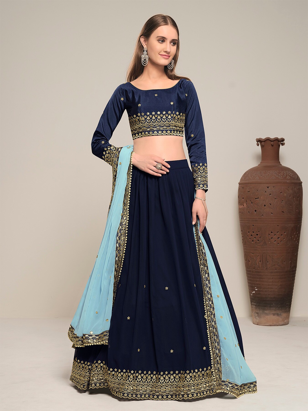 

DRESSTIVE Blue & Gold-Toned Embroidered Beads and Stones Semi-Stitched Lehenga & Unstitched Blouse With