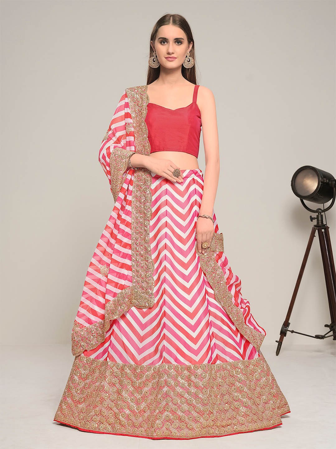 

DRESSTIVE Pink & Gold-Toned Sequinned Semi-Stitched Lehenga & Unstitched Blouse With Dupatta