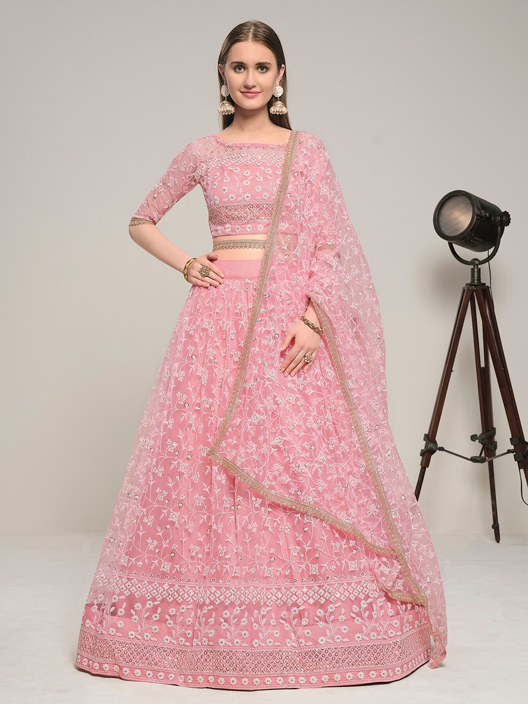 

DRESSTIVE Pink & White Embroidered Thread Work Semi-Stitched Lehenga & Unstitched Blouse With Dupatta