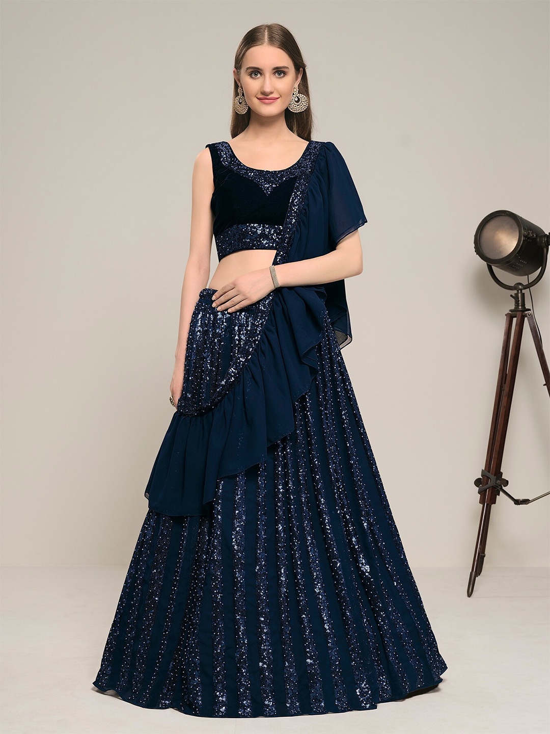

DRESSTIVE Navy Blue Embroidered Sequinned Semi-Stitched Lehenga & Unstitched Blouse With Dupatta