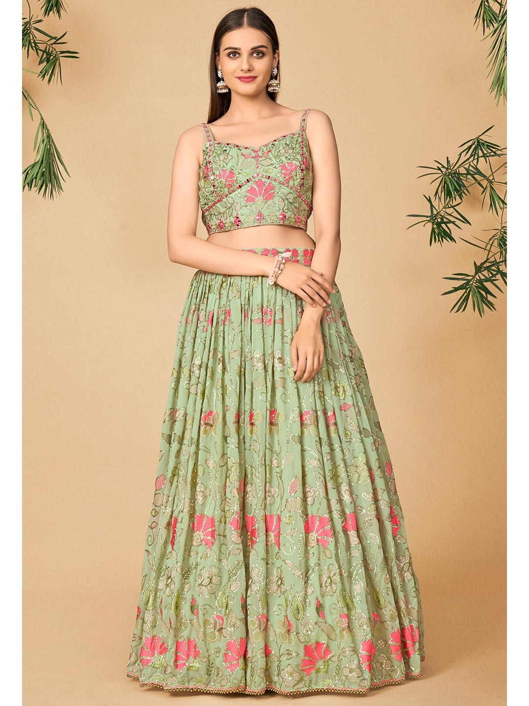 

DRESSTIVE Green & Pink Embroidered Ready to Wear Lehenga & Blouse With Dupatta