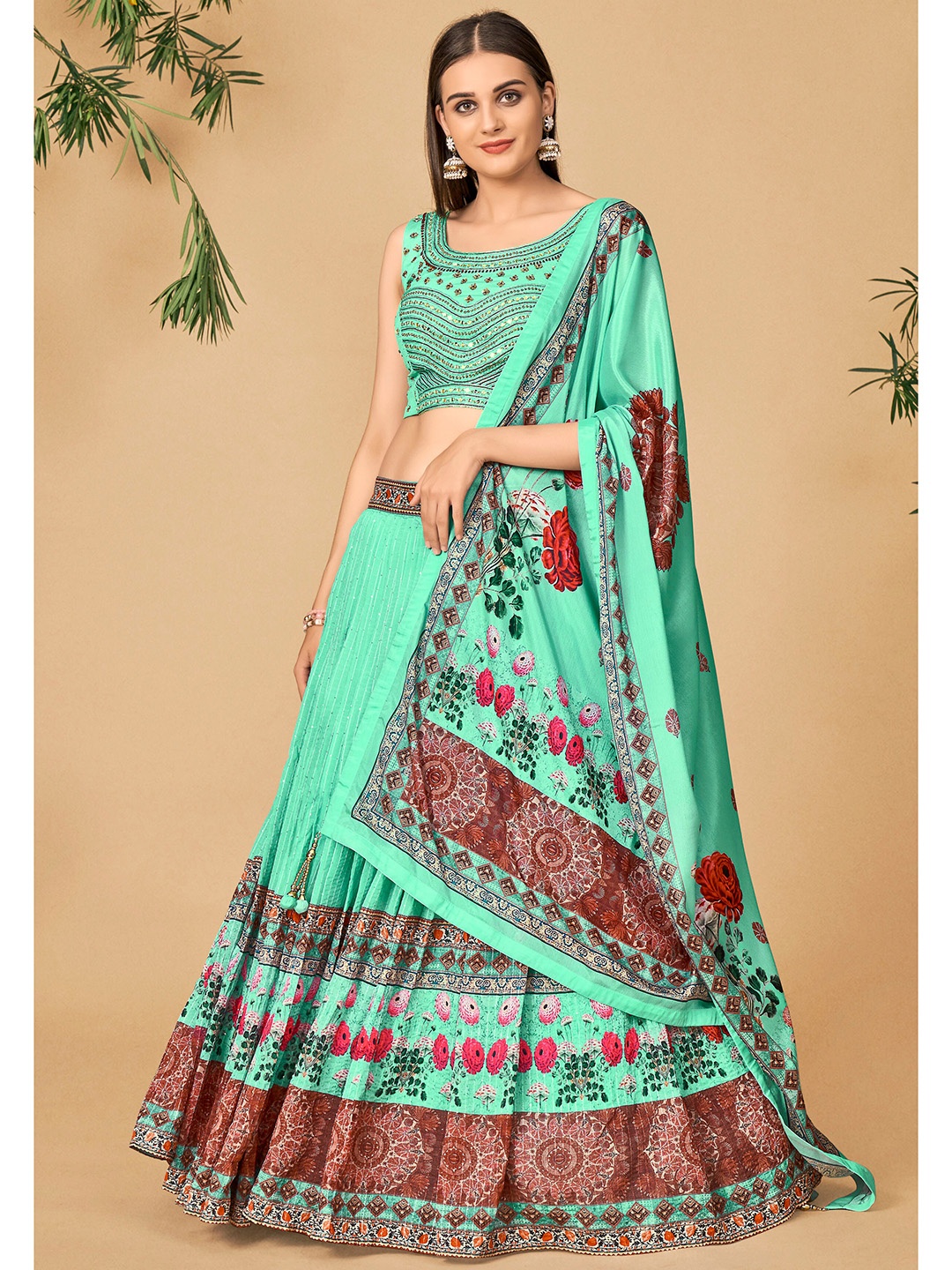 

DRESSTIVE Sea Green & Red Embroidered Mirror Work Ready to Wear Lehenga & Blouse With Dupatta