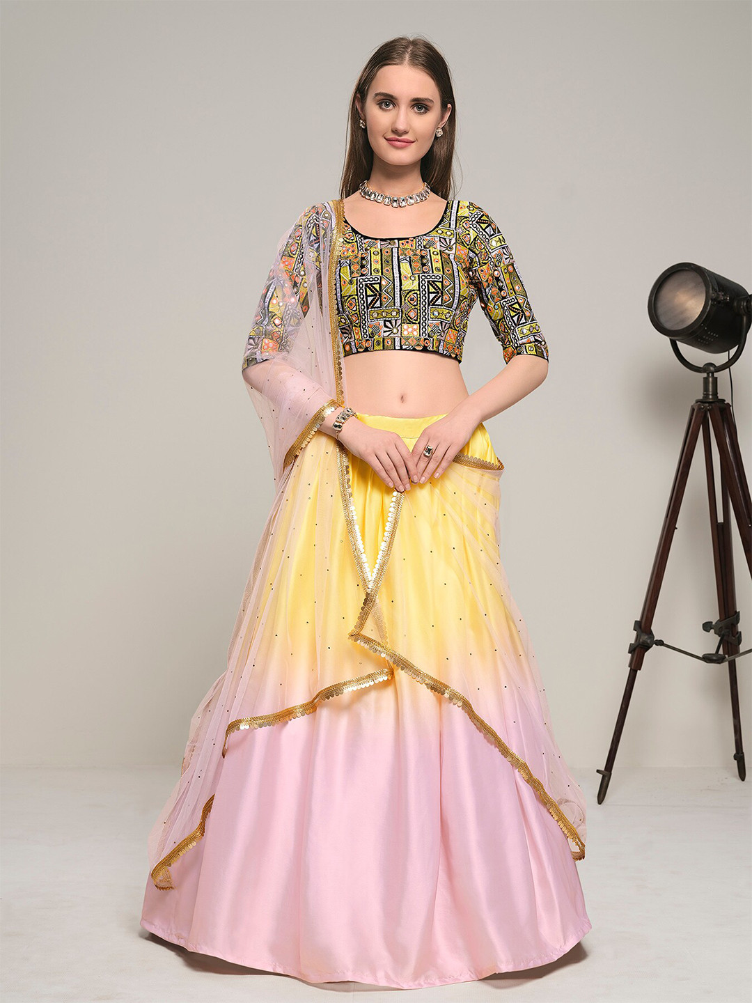 

DRESSTIVE Pink & Yellow Embroidered Thread Work Semi-Stitched Lehenga & Unstitched Blouse With Dupatta