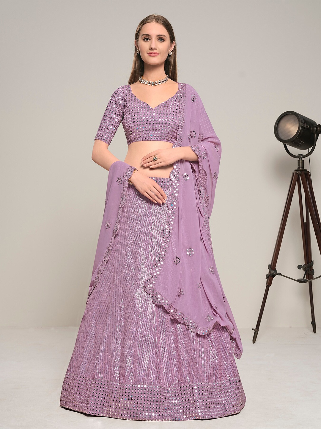 

DRESSTIVE Purple & White Embroidered Mirror Work Semi-Stitched Lehenga & Unstitched Blouse With Dupatta
