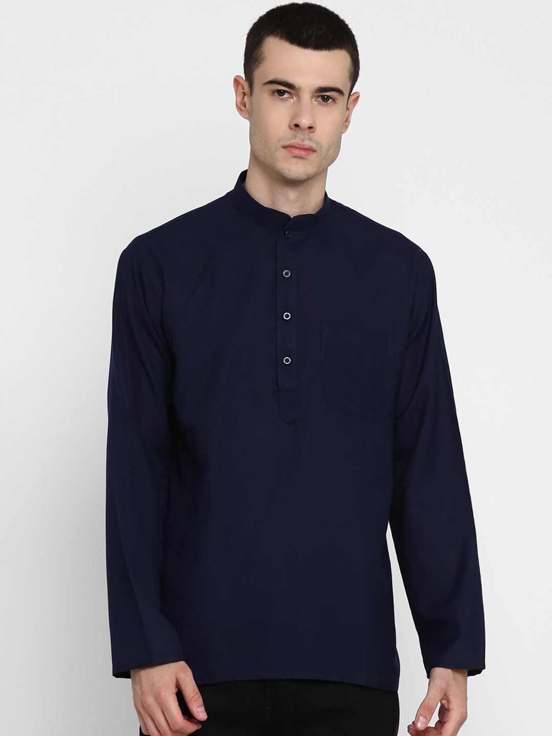 

ROYAL KURTA Men Navy Blue Patchwork Summer Sheers Kurta