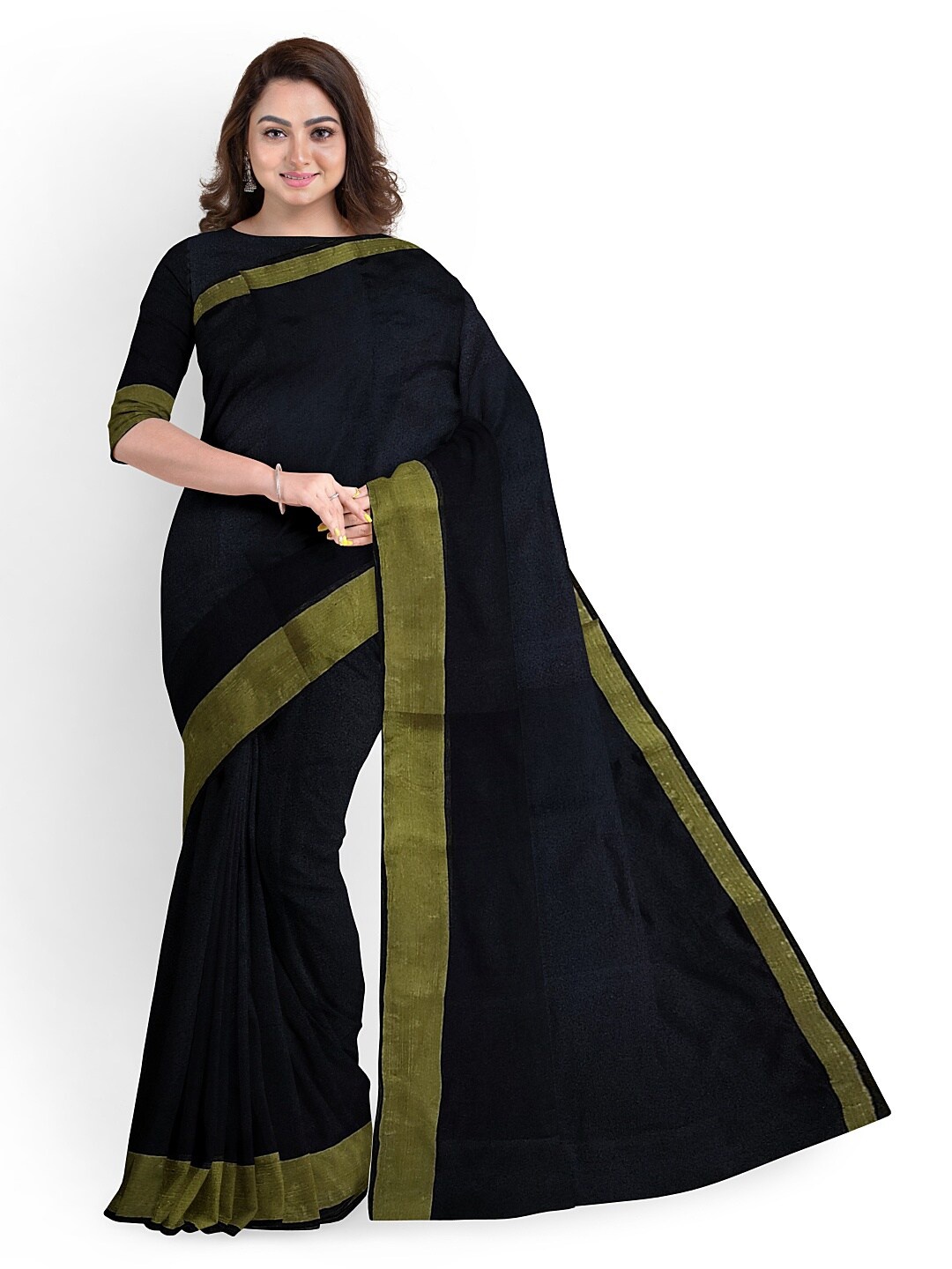 

Florence Black & Green Silk Cotton Sungudi Saree With Un-Stitched Blouse