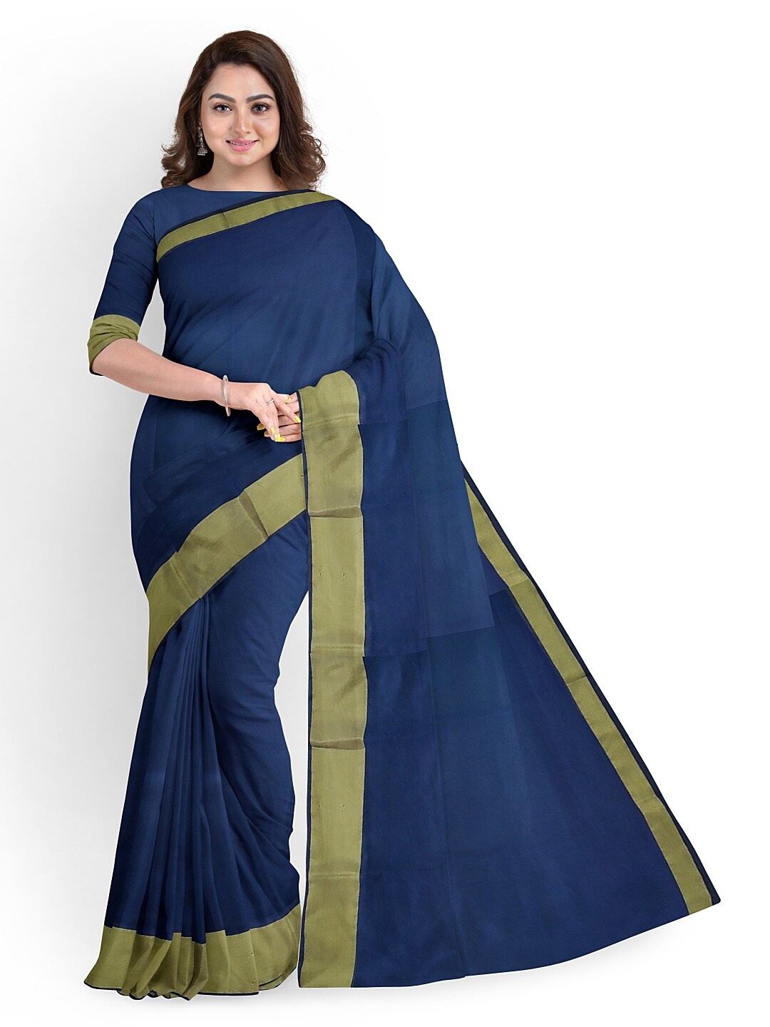 

Florence Navy Blue & Gold-Toned Silk Cotton Sungudi Saree With Un-Stitched Blouse