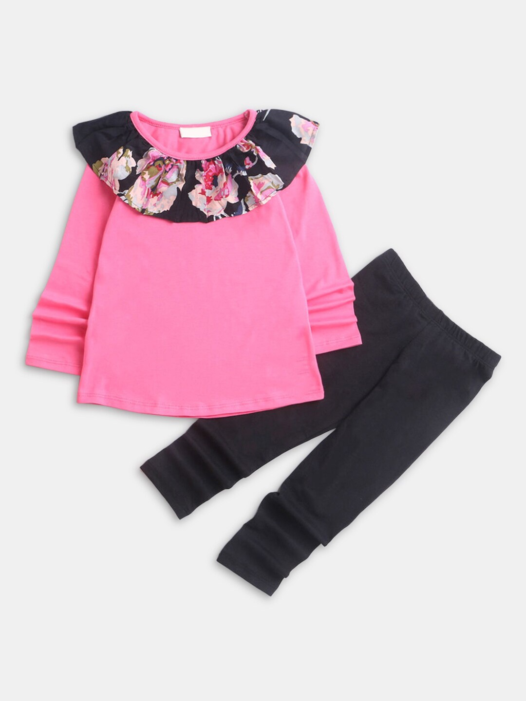 

Hopscotch Girls Magenta & Black Printed T-shirt with Leggings Set